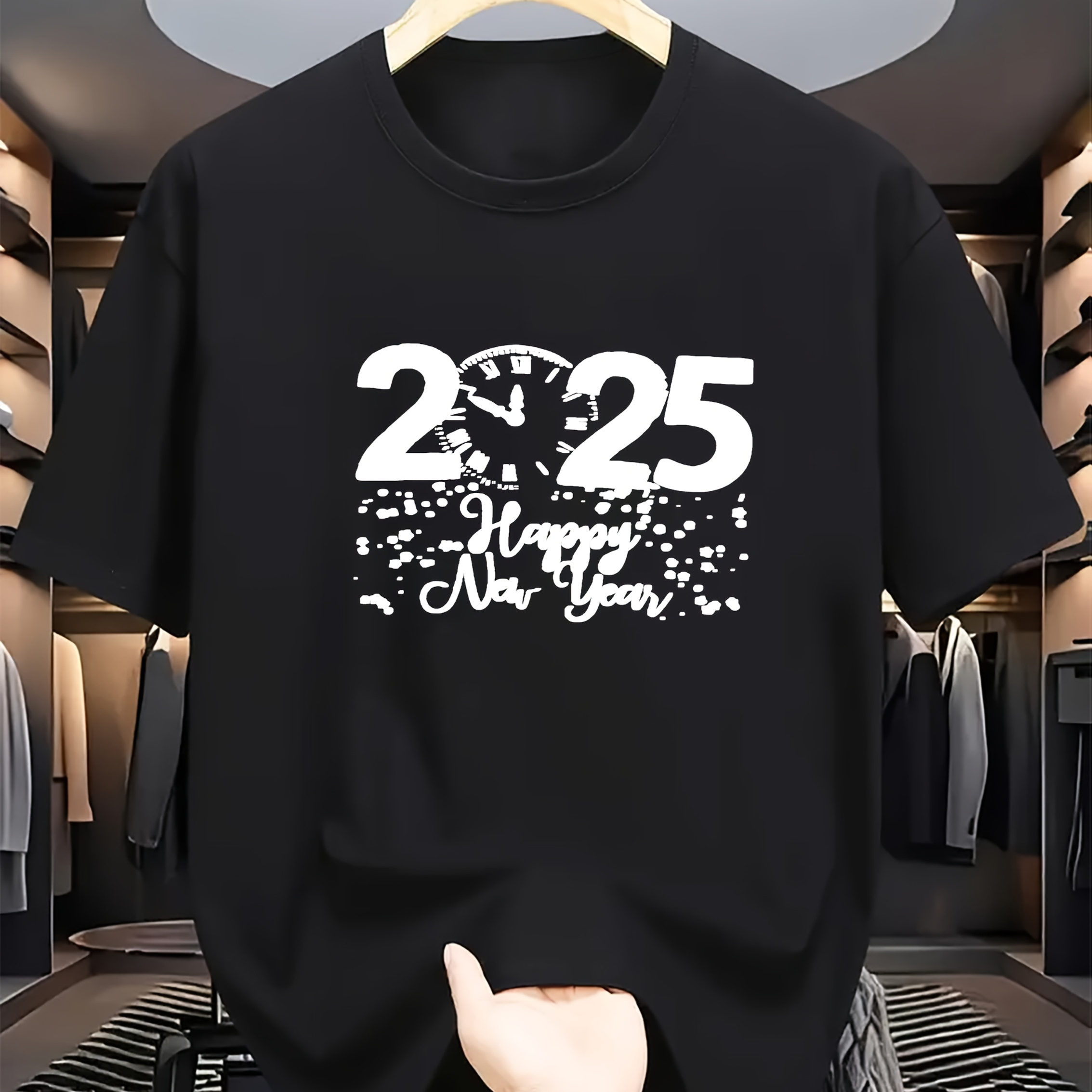 

1pc Men's 2025 Happy New Year Print T-shirt - Casual Crew Neck Short-sleeved Top, 100% Polyester Knit Fabric With Slight Stretch, Regular Fit Summer Tee