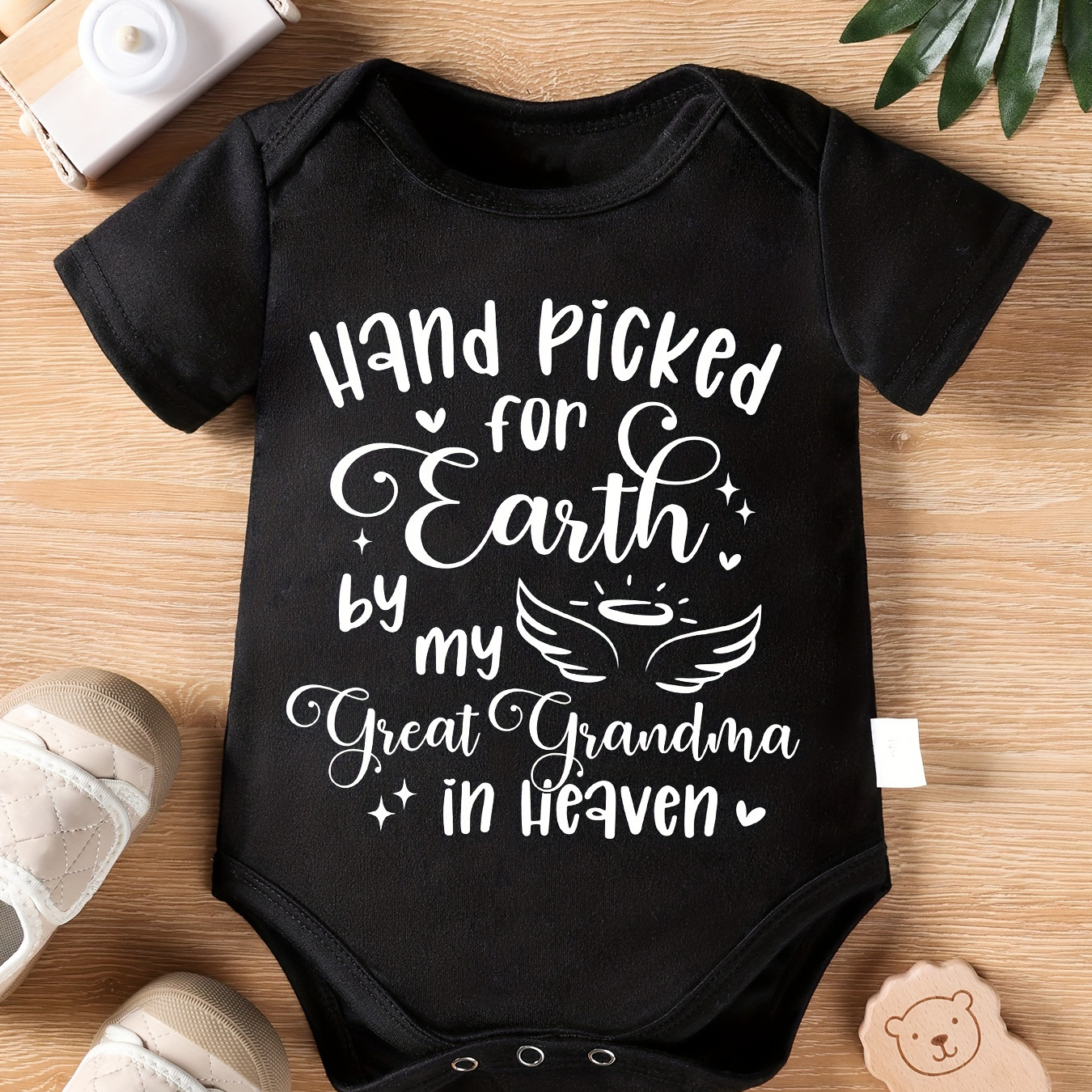 

Baby's "hand Picked For Earth By My Great Grandma In Heaven" Print Triangle Bodysuit, Casual Short Sleeve Onesie, Toddler & Infant Girl's Clothing