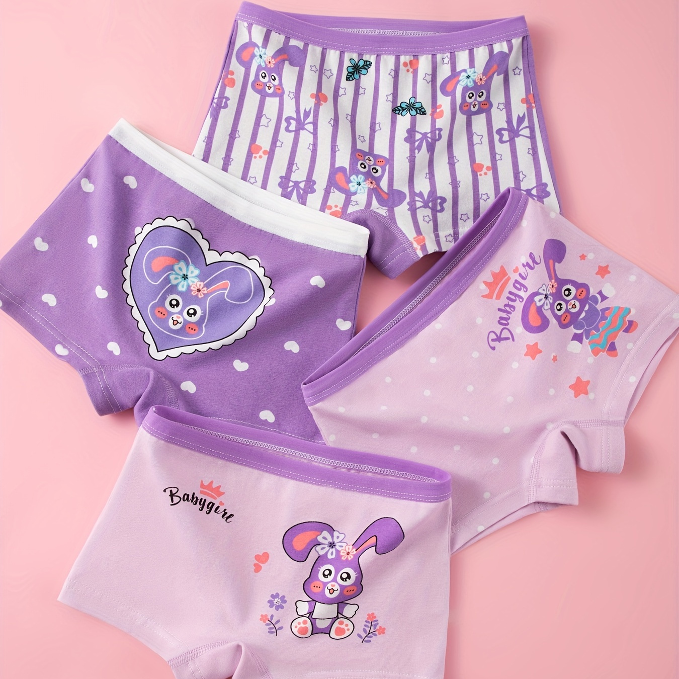

4pcs Girls' Underwear Easter Cute Cartoon Rabbit Pattern Boxer Briefs Cotton Bottoming Underwear Soft Comfy Breathable Kids Shorts For All Seasons
