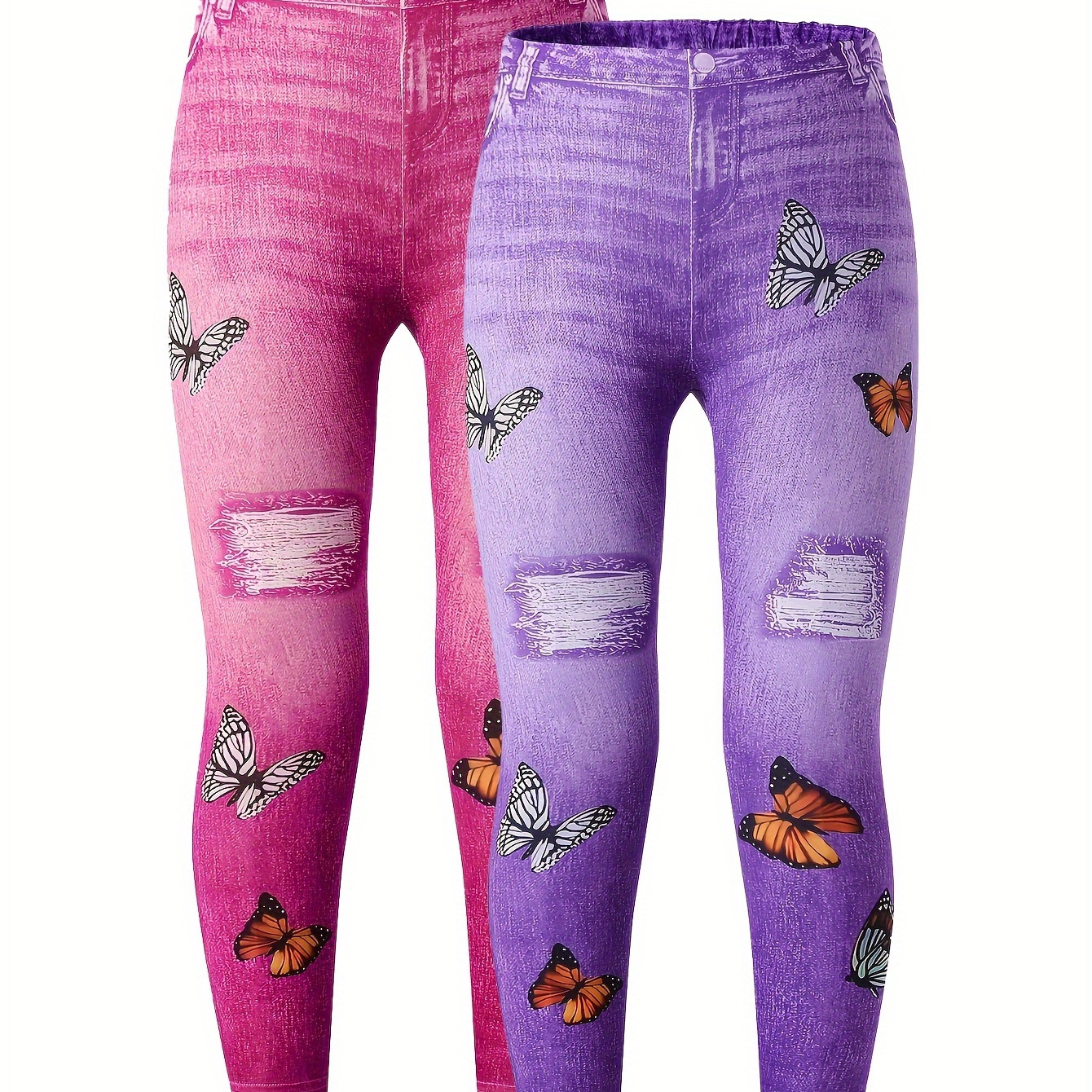 

2 Pièces De Leggings Skinny Imprimés Papillon En Fausse Toile De Jean Pour Le Printemps Et L'automne, Dans Un Style Élégant Et Extensible.