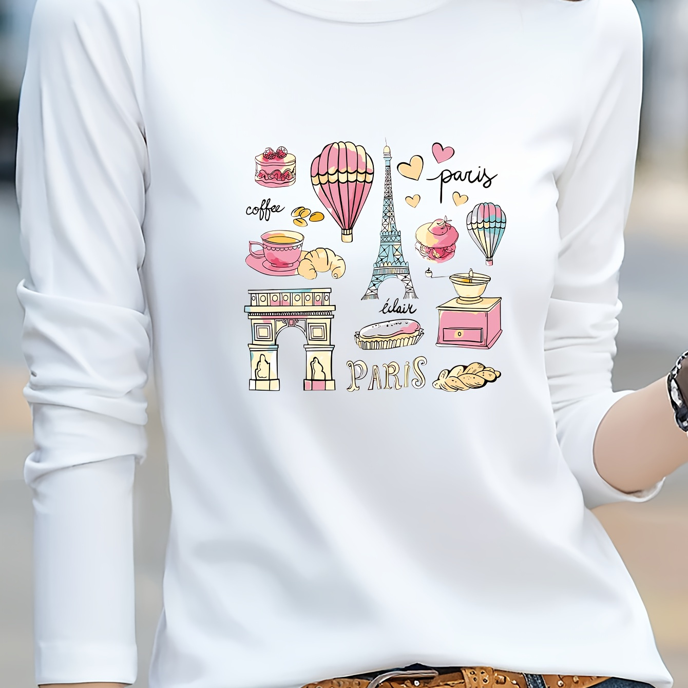 

Paris Print T-shirt, Long Sleeve Crew Neck Casual Top For Spring & Fall, Women's Clothing