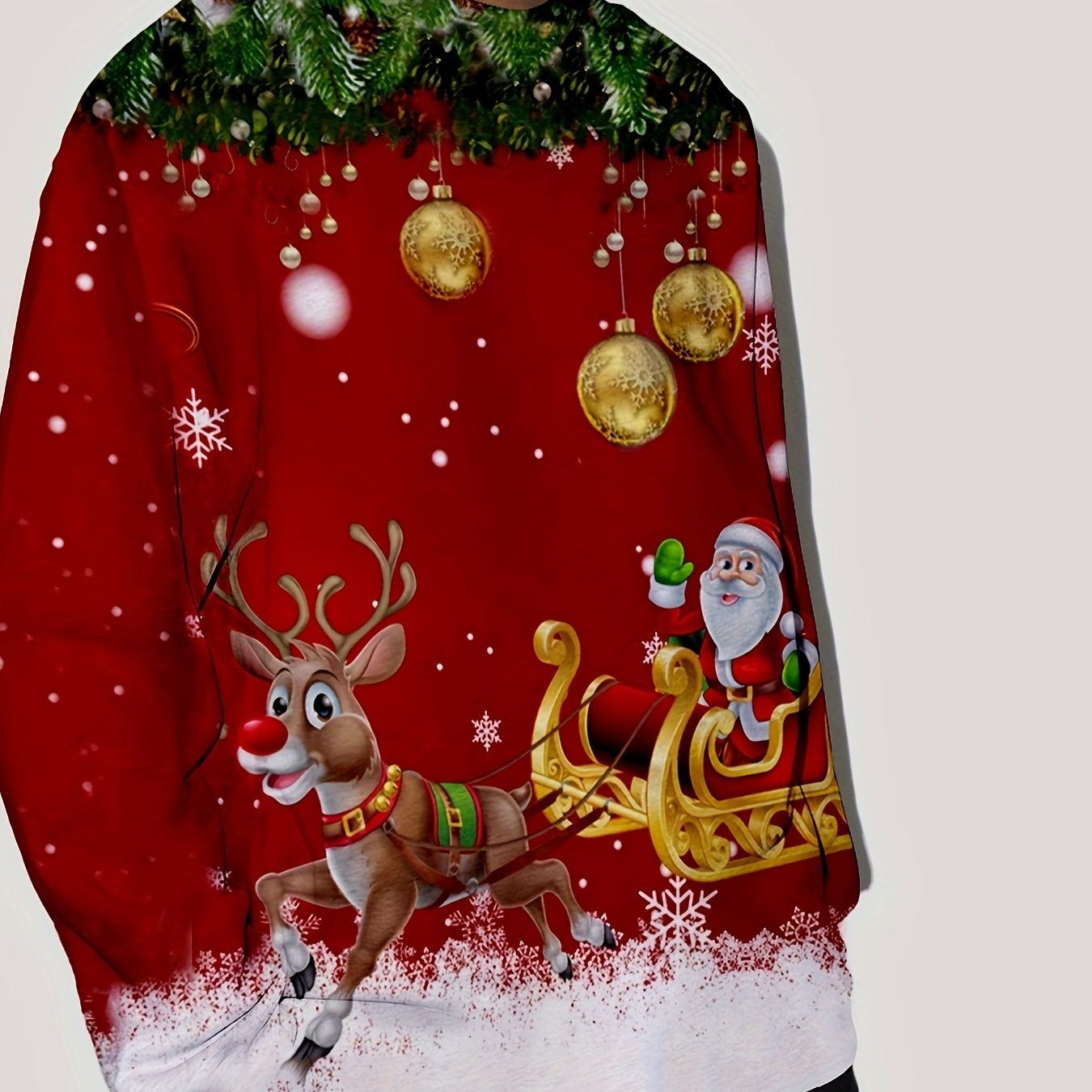 

Men's Classic Crew Neck Holiday Sweater, Festive Reindeer And Santa Claus Graphic Knit T-shirt, Polyester Spandex Blend With Slight Stretch, Casual Spring/fall Wear