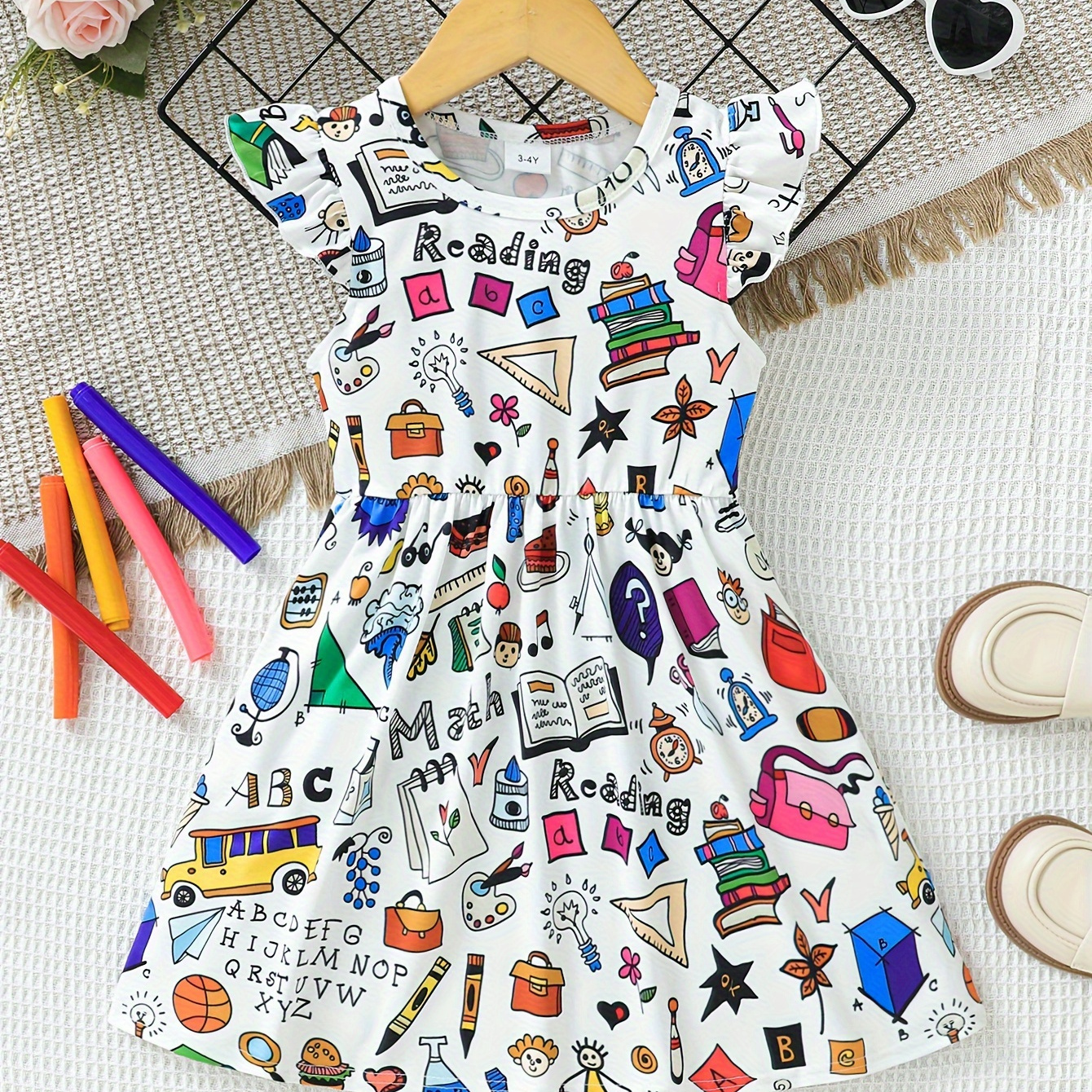 

Cute Cartoon Graphic Ruffle Trim Sleeveless Dress For Girls Summer Schooling