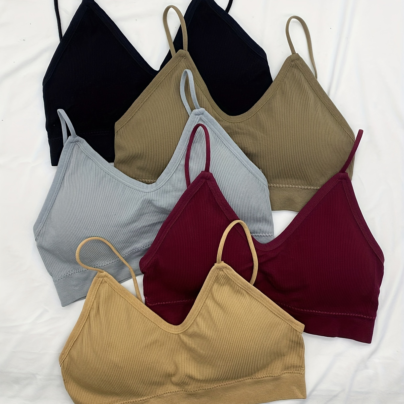 

5pcs Soft Ribbed Bralettes, Comfort & Breathable Thin Strap Everyday Bra, Women's Lingerie & Underwear