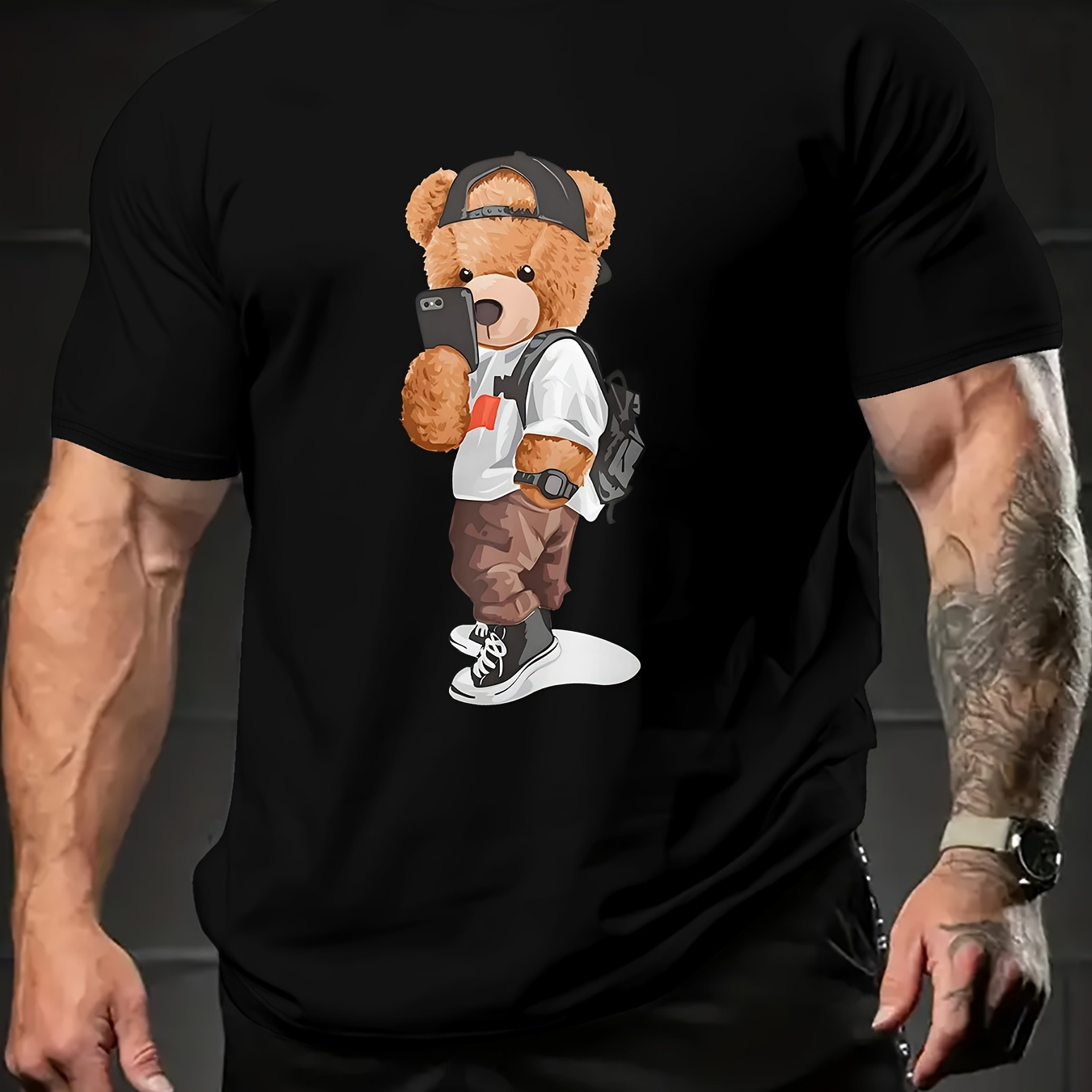 

Cartoon Bear Graphic Design Crew Neck Short Sleeve T-shirt For Men, Casual Summer T-shirt For Daily Wear And Vacation Resorts