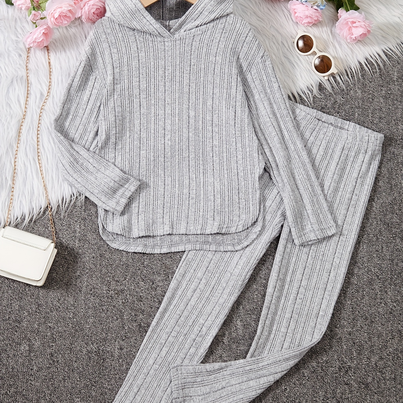 

Casual Girls 2 Pieces Sets, Hoodies & Leggings, Ribbed Knit Split Side Top Knitwear Sets Kids Clothes For Fall Winter