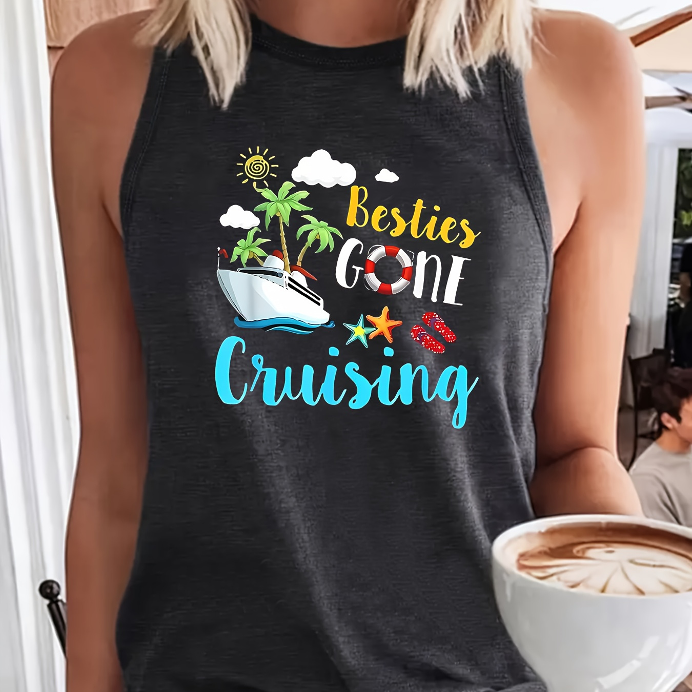 

Ship Cruise Print Top, Sleeveless Casual Top For Summer & Spring, Women's Clothing