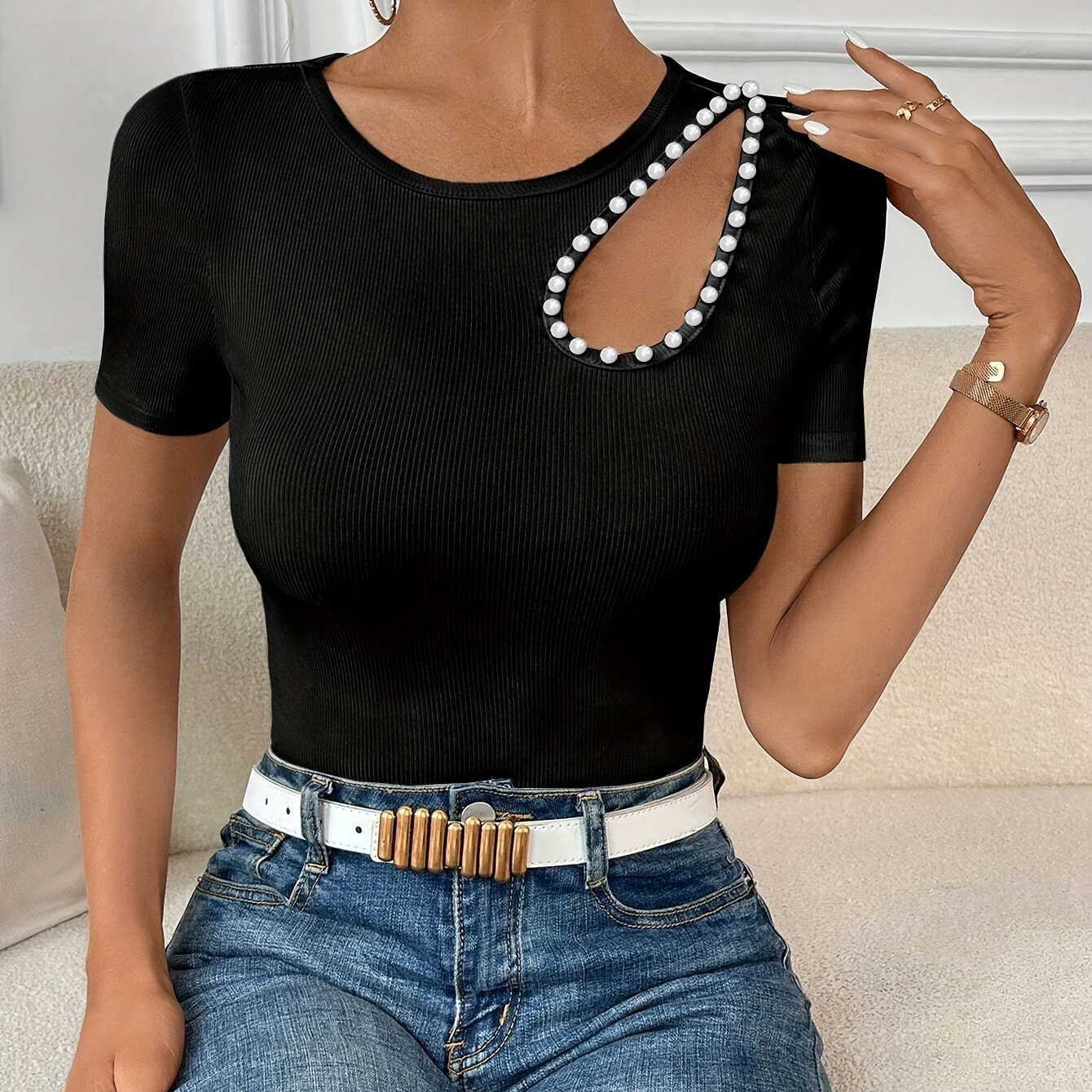 

Cut Out Crew Neck Beaded T-shirt, Casual Short Sleeve T-shirt For Spring & Summer, Women's Clothing
