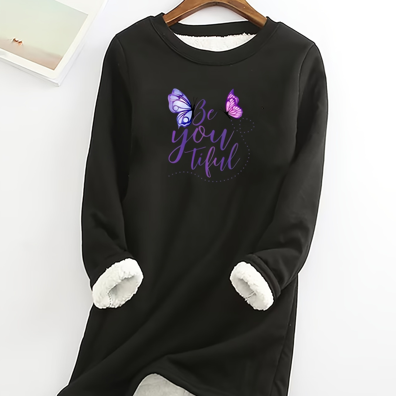 

Casual & Letter Print Thermal Underwear Top, Plush Lined Long Sleeve Round Neck Thickened Pullover Top For Fall & Winter, Women's Lingerie & Underwear