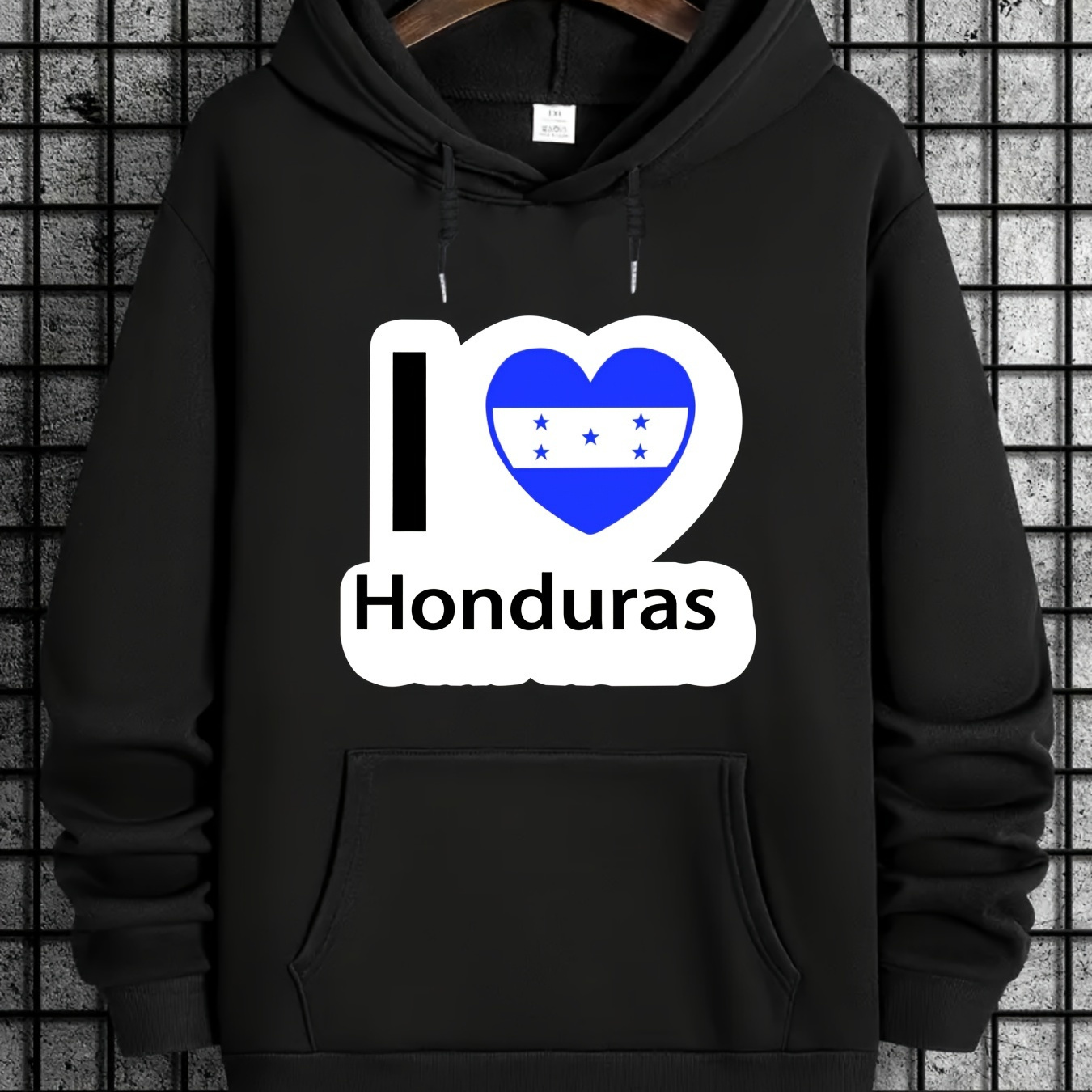 

I Love Honduras Print Men's Pullover Round Neck Hoodies With Kangaroo Pocket & Drawstring Long Sleeve Hooded Sweatshirt Loose Casual Top For Autumn Winter Men's Clothing As Holiday Gifts