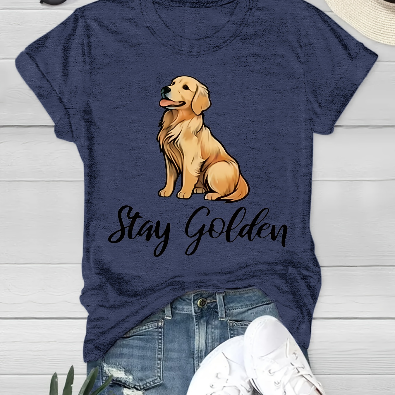 

Dog Print Day T-shirt - Casual Short Sleeve, Crew Neck Top For Women, Breathable Polyester , Machine Washable