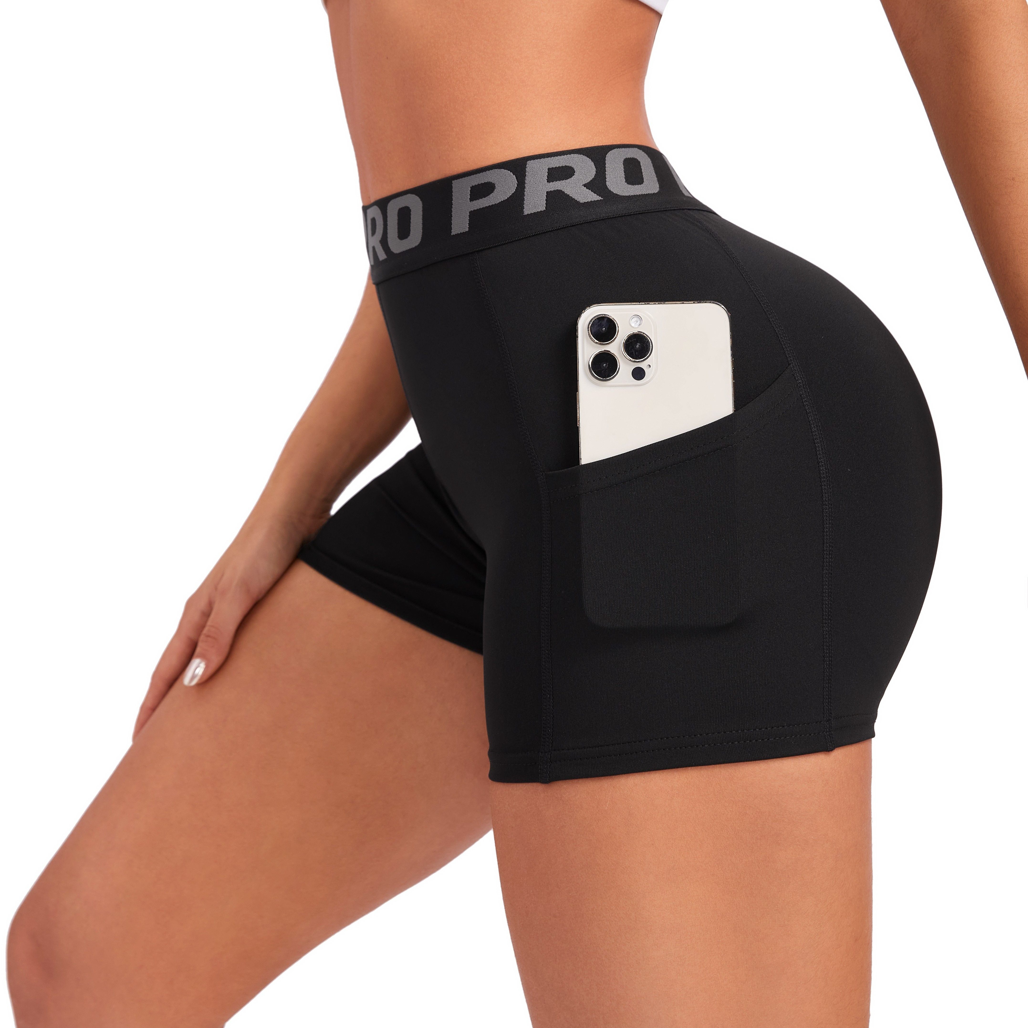 

Women's Athletic Yoga Shorts, High-waisted, Quick-dry Fabric, Casual Sportswear With Phone Pocket, Pro Print Waistband