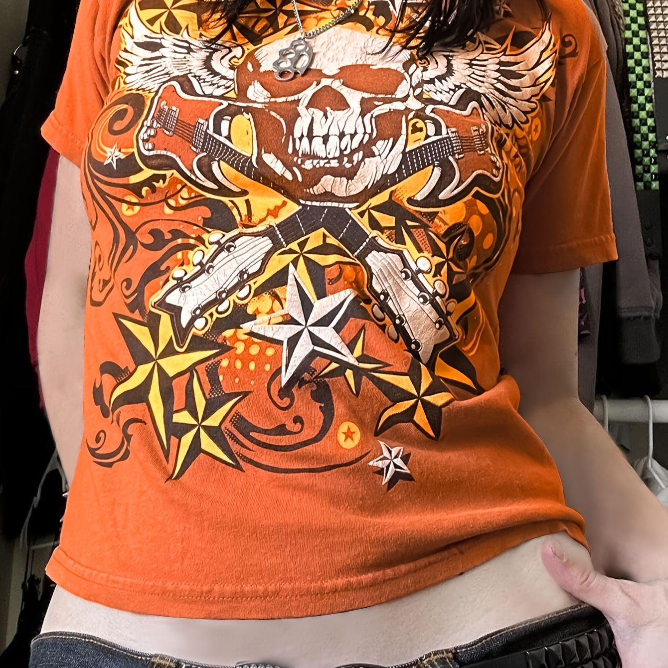 

Women's Y2k-inspired Orange Graphic Tee - Vibrant Skull & Stars Print, Lightweight Polyester , Round Neck Short Sleeve - Fashion