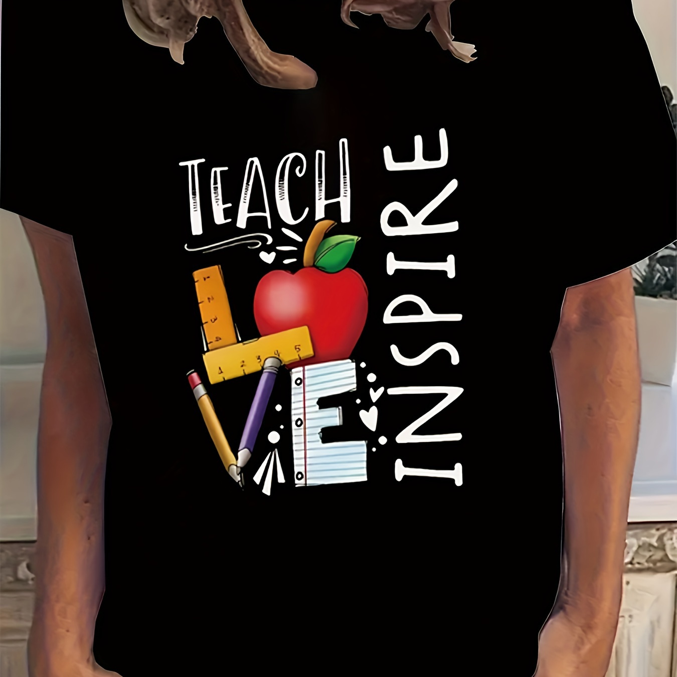

Plus Size Teach Love Inspire Print T-shirt, Casual Short Sleeve Crew Neck Top For Spring & Summer, Women's Plus Size Clothing