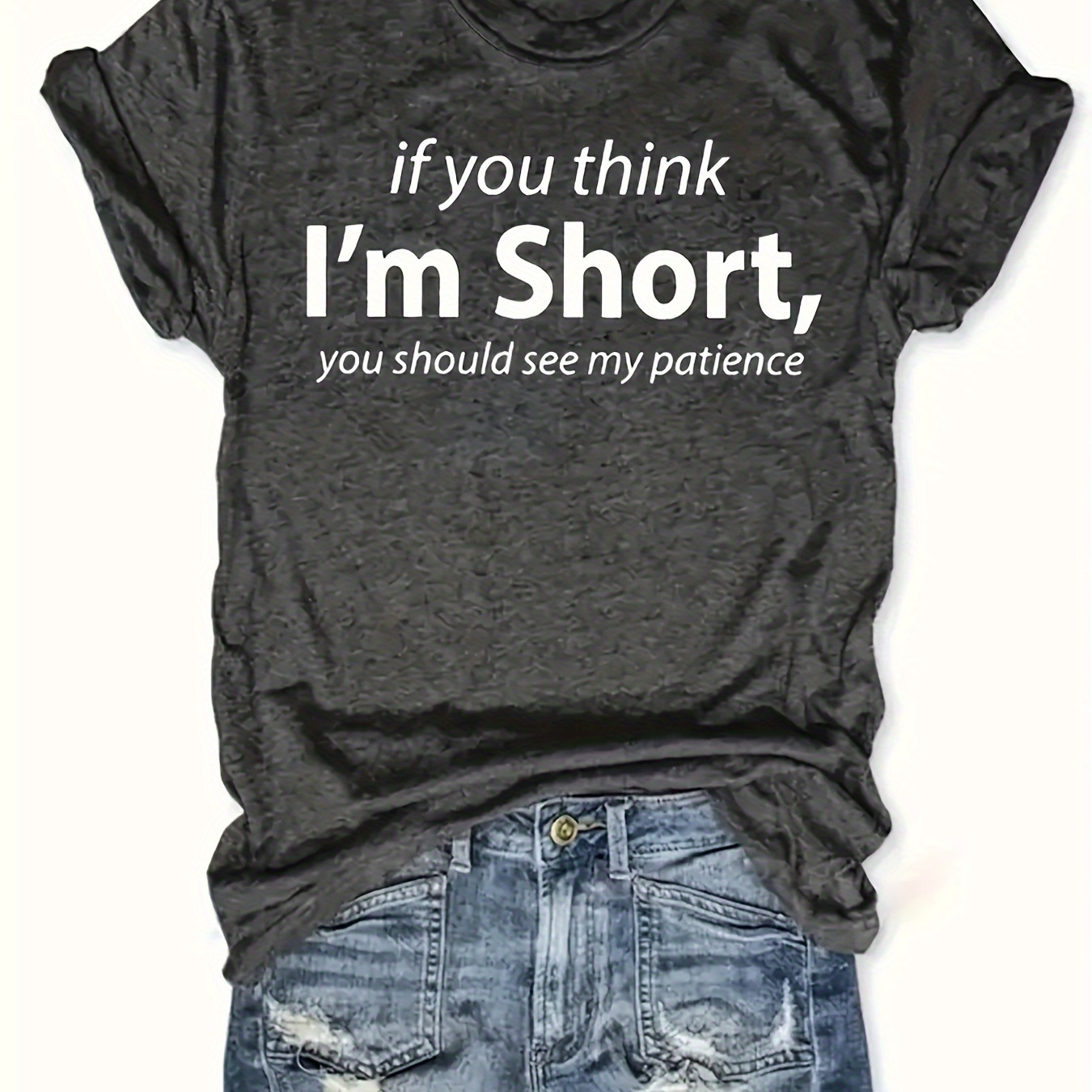 

I'm Short Print T-shirt, Short Sleeve Crew Neck Casual Top For Summer & Spring, Women's Clothing