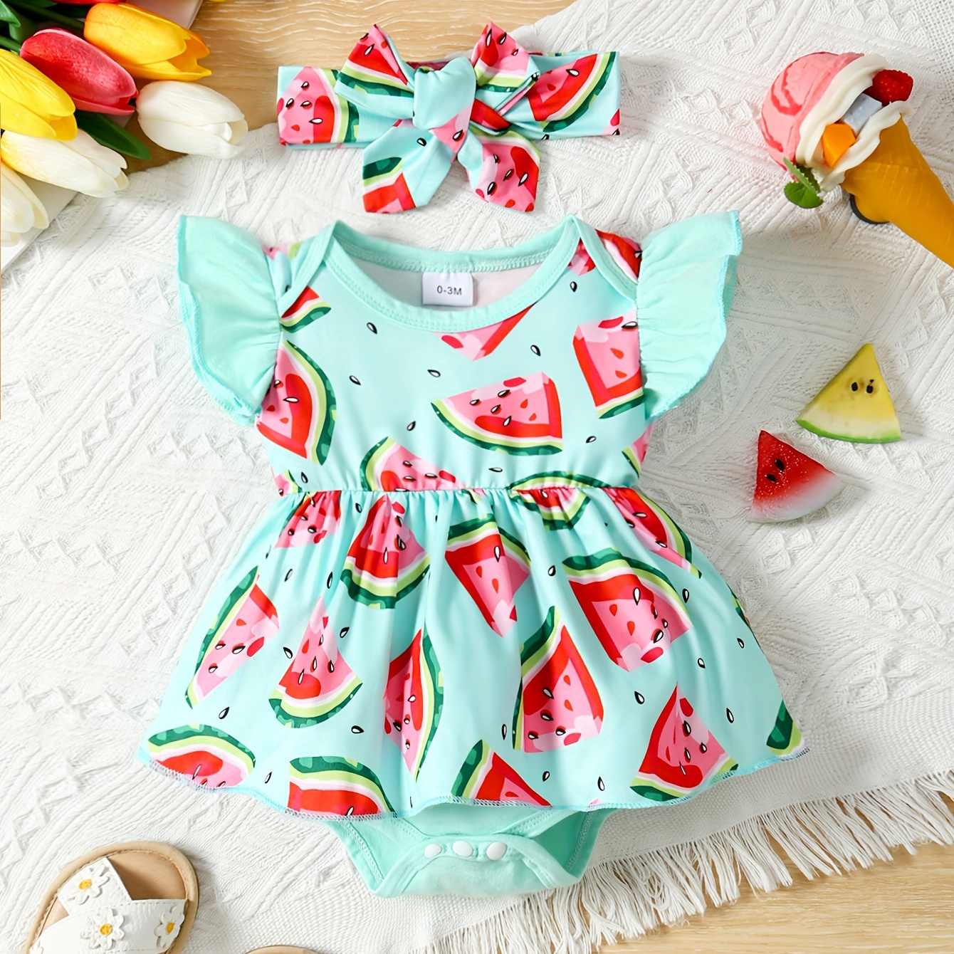 

Cute Watermelon Print Infant's Bodysuit & Headband, Lovely Cap Sleeve Onesie Dress, Baby Girl's Clothing
