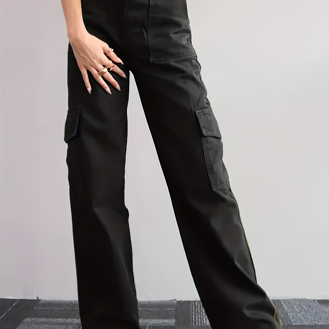 Black Multipocket Contrast White Seam Loose Denim Cargo Pants, Solid