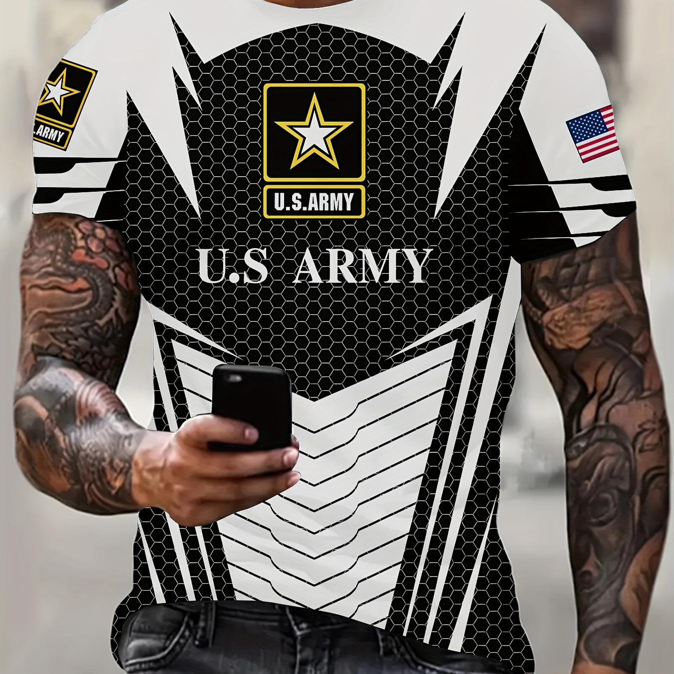 

Men' American Army Pattern T-shirt, Casual Breathable Polyester Crew Neck Short Sleeve Pullover For Outdoor Activities