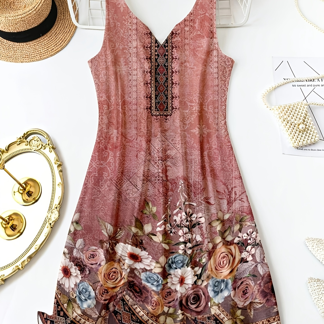 

1pc Women's Plus Size Casual V-neck Sleeveless Dress, Knit Polyester Fabric With Random Floral Print, Weekend Pullover Vest Dress
