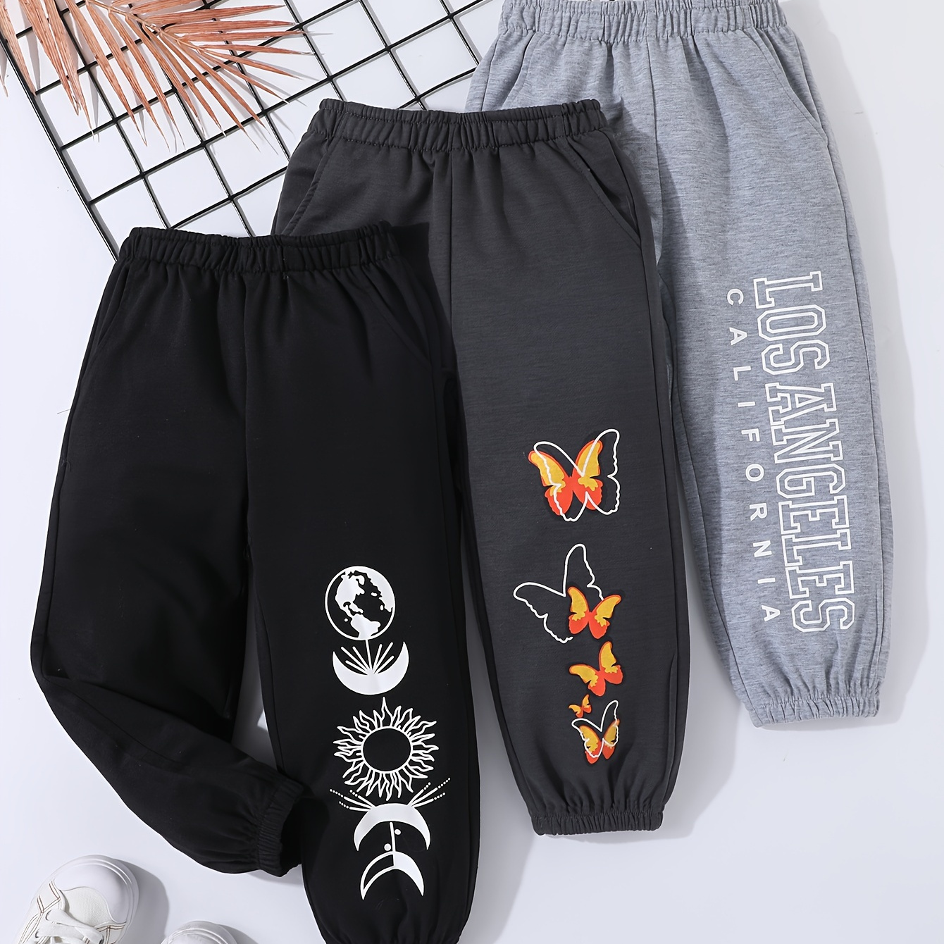 3 Packs Girls Pull-on Jogger Sweatpants With Moon & Butterfly & Letter Printed, Elastic Waist And Relaxed Fit