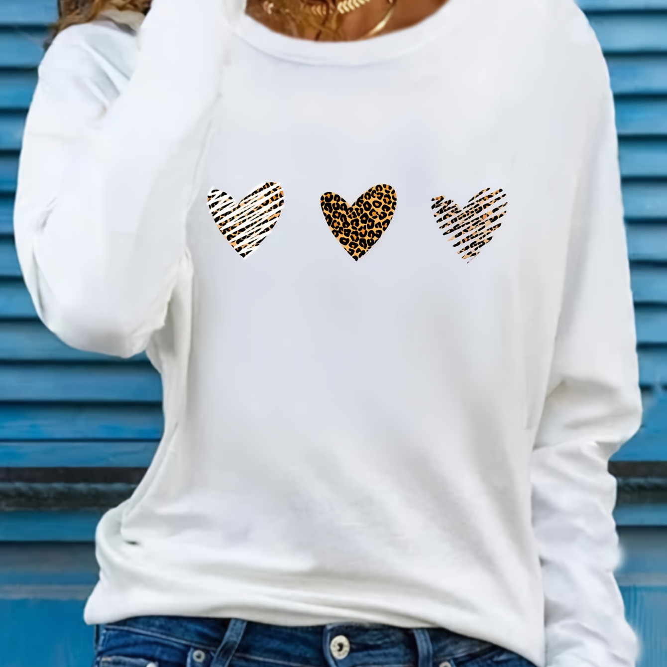 

Heart Print T-shirt, Long Sleeve Crew Neck Casual Top For Spring & Fall, Women's Clothing