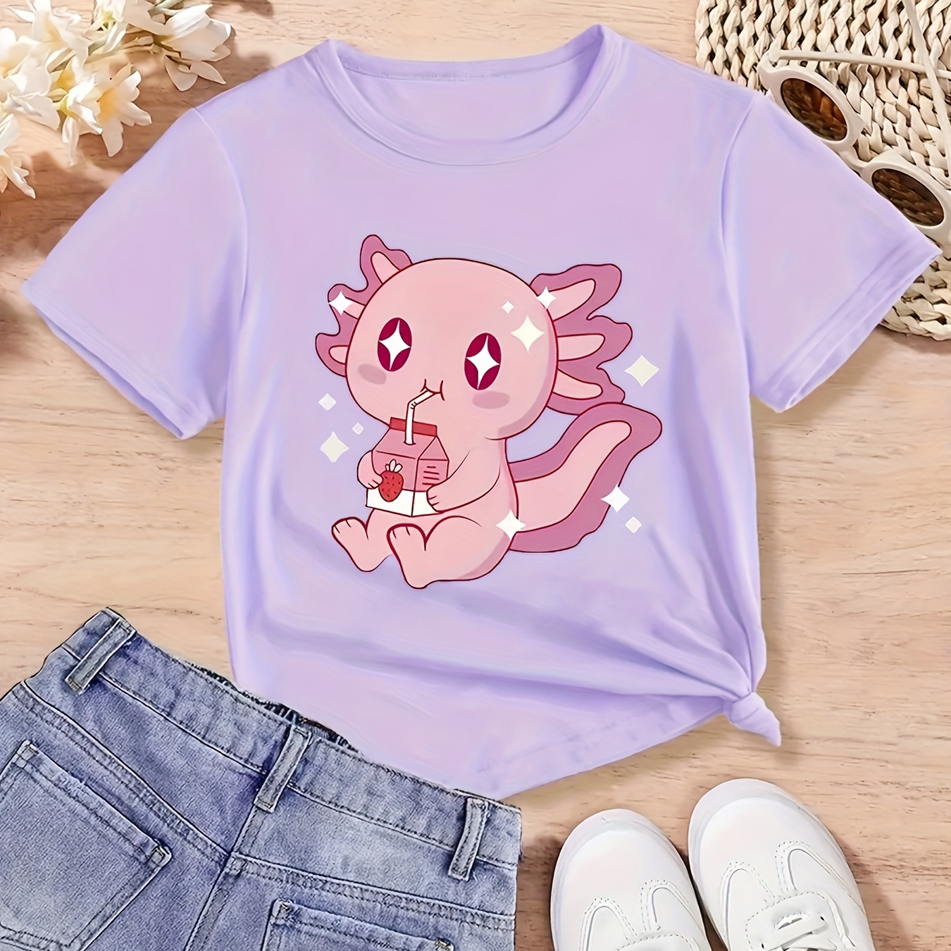 

Fun 'axolotl Drinking Strawberry Milk' Summer Graphic T-shirt For Girls, Cotton Comfy Short Sleeve Tee For A Trendy Look!