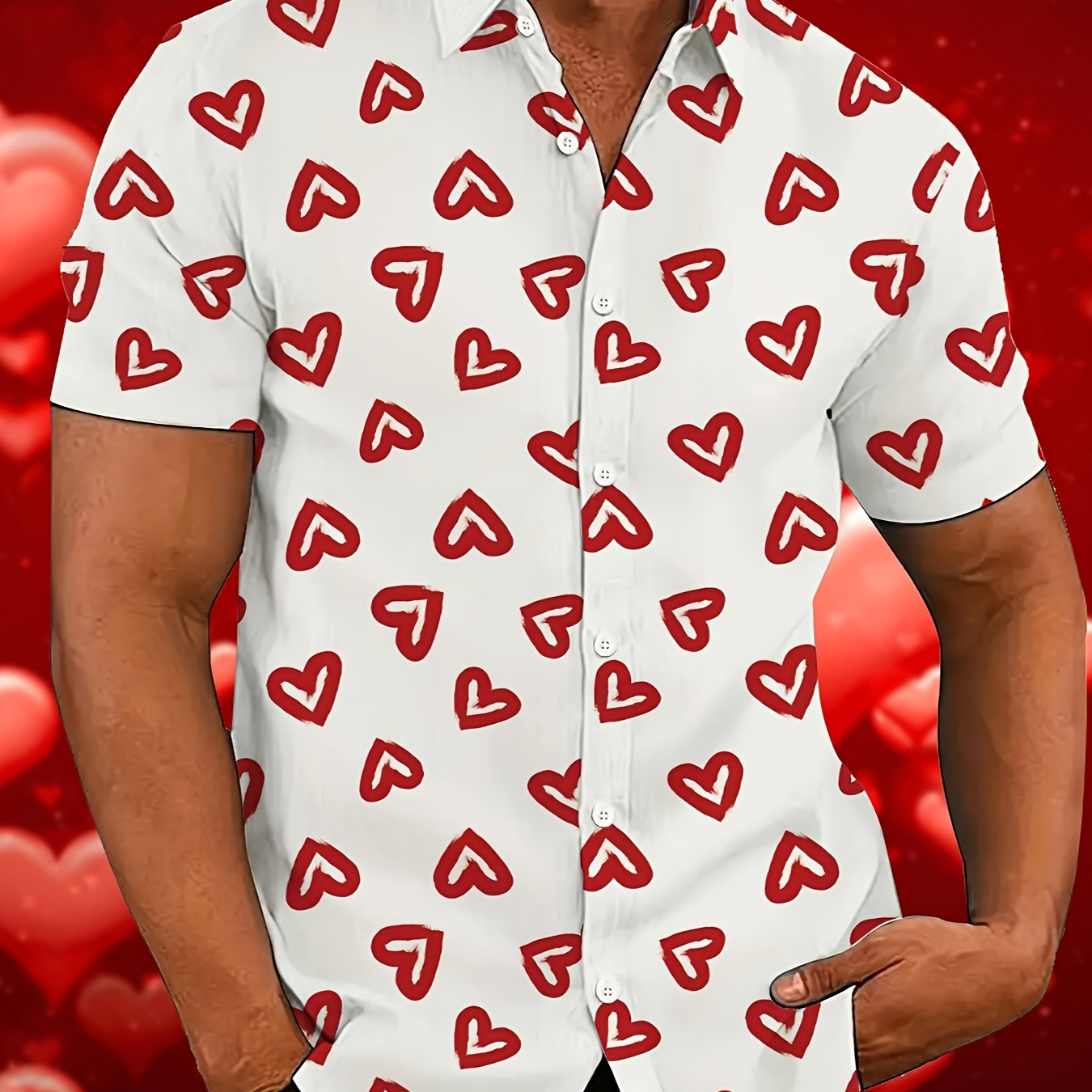 

Men's Casual Short Sleeve Shirt With 3d Heart Print, Polyester 100% Woven Non-stretch Fabric, Loose Fit Lapel Collar, Button Front Summer Shirt For Valentine's Day