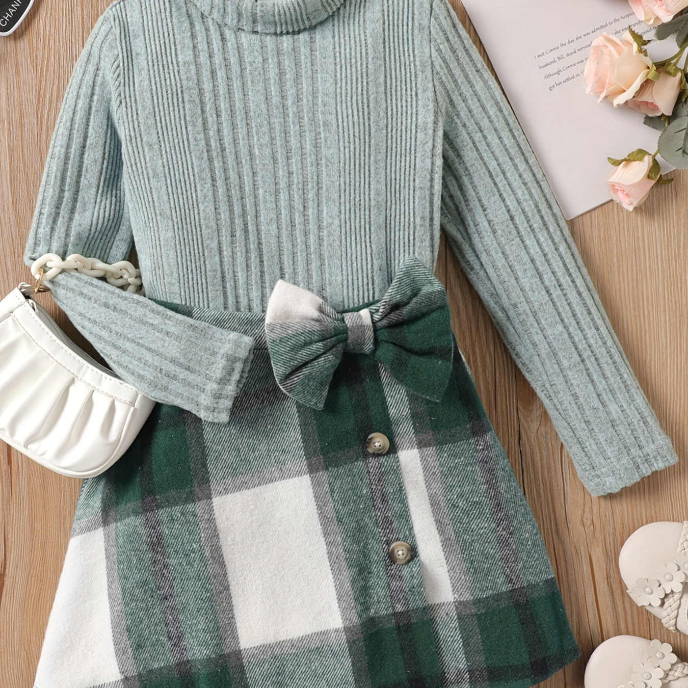 

Patpat 2pcs Kid Girl Elegant Mock/crew Neck Long-sleeve Ribbed Sweater And Bow Decor Plaid Irregular Hem Skirt Set For Spring & Autumn/fall