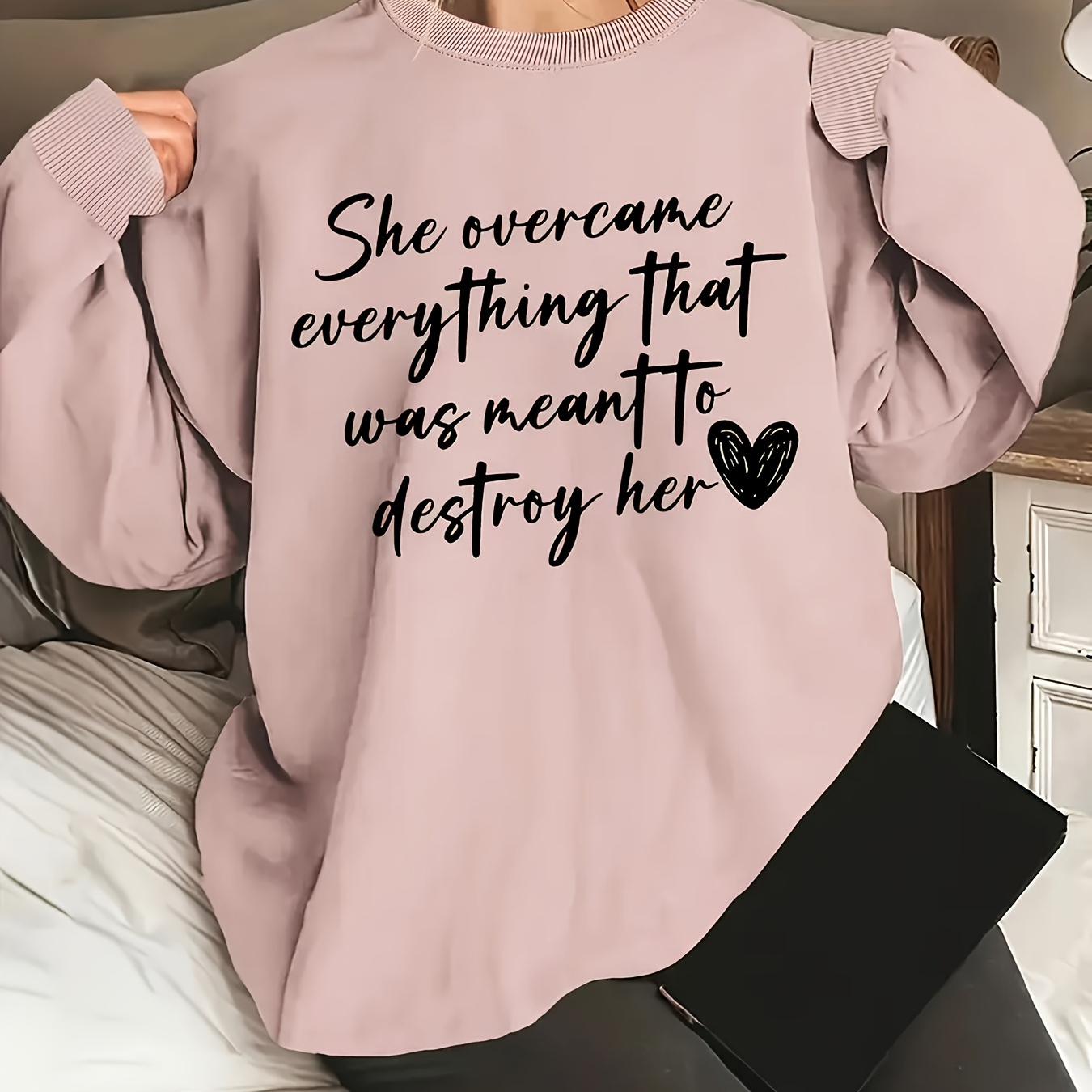 

Plus Size Overcome Letter Print Pullover Sweatshirt, Casual Long Sleeve Crew Neck Sweatshirt For Fall & Spring, Women's Plus Size Clothing