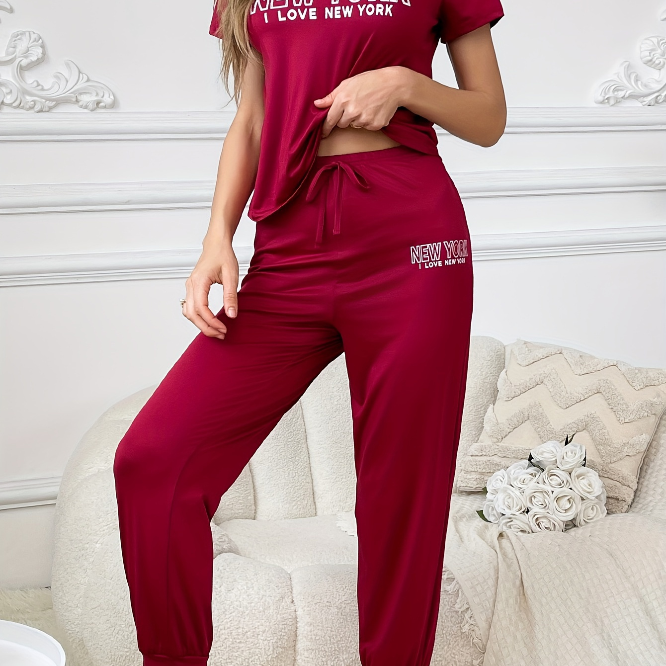 

Slogan Print Pajama Set, Casual Short Sleeve Round Neck T-shirt & Drawstring Joggers, Women's Sleepwear