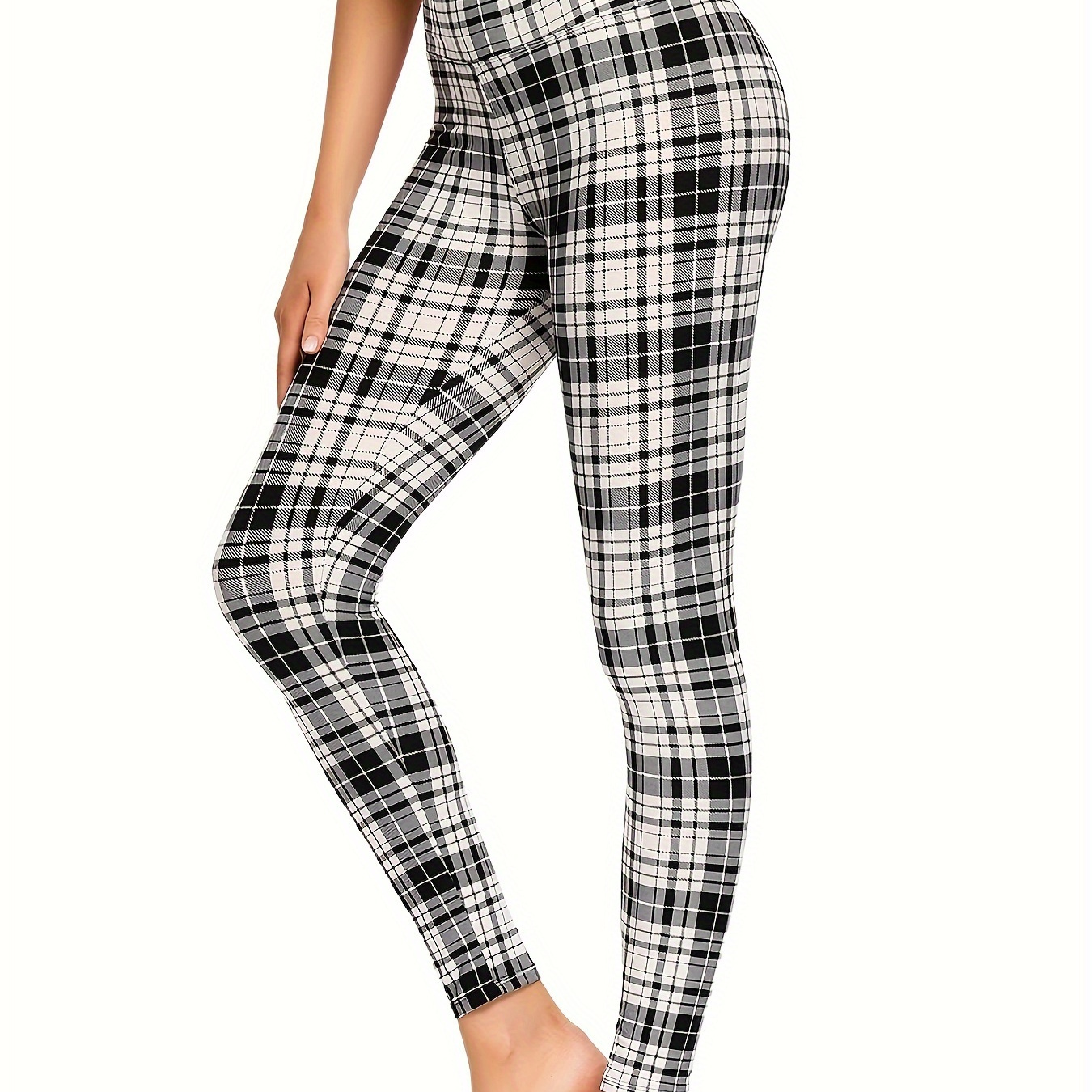 

Plaid Print Skinny Leggings, Casual Sporty High Waist Slim Yoga Leggings For Spring & Fall, Women's Clothing