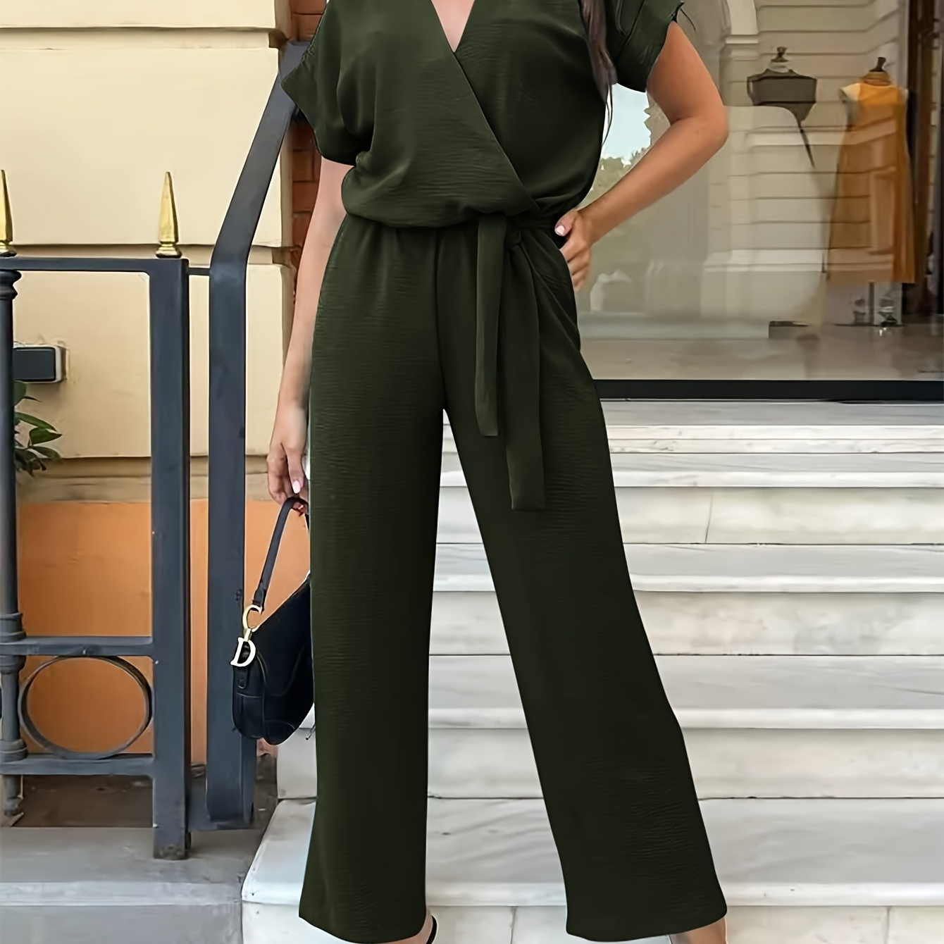 

Solid Color Wide Leg Jumpsuit, Casual Lace Up V Neck Slant Pockets Short Sleeve Jumpsuit For Spring & Summer, Women's Clothing