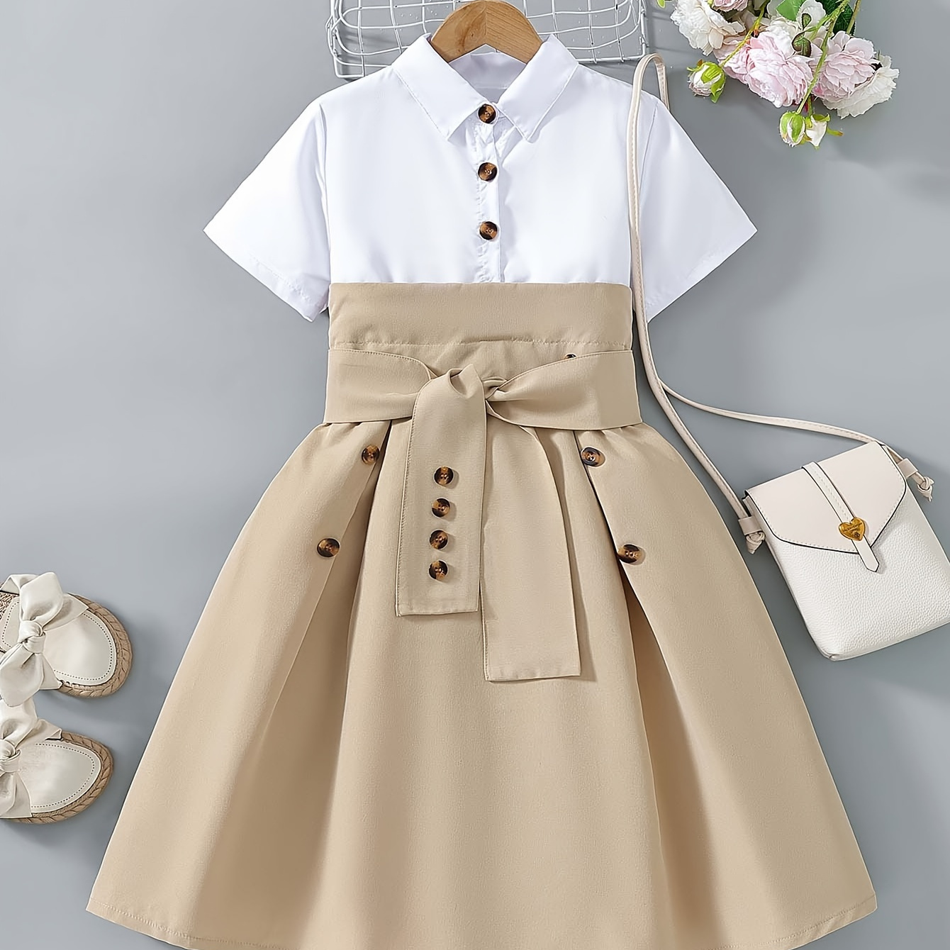 

Plain Color Patchwork Shirt Dress For Girls Everyday Casual Dresses, Summer Clothing, Gift