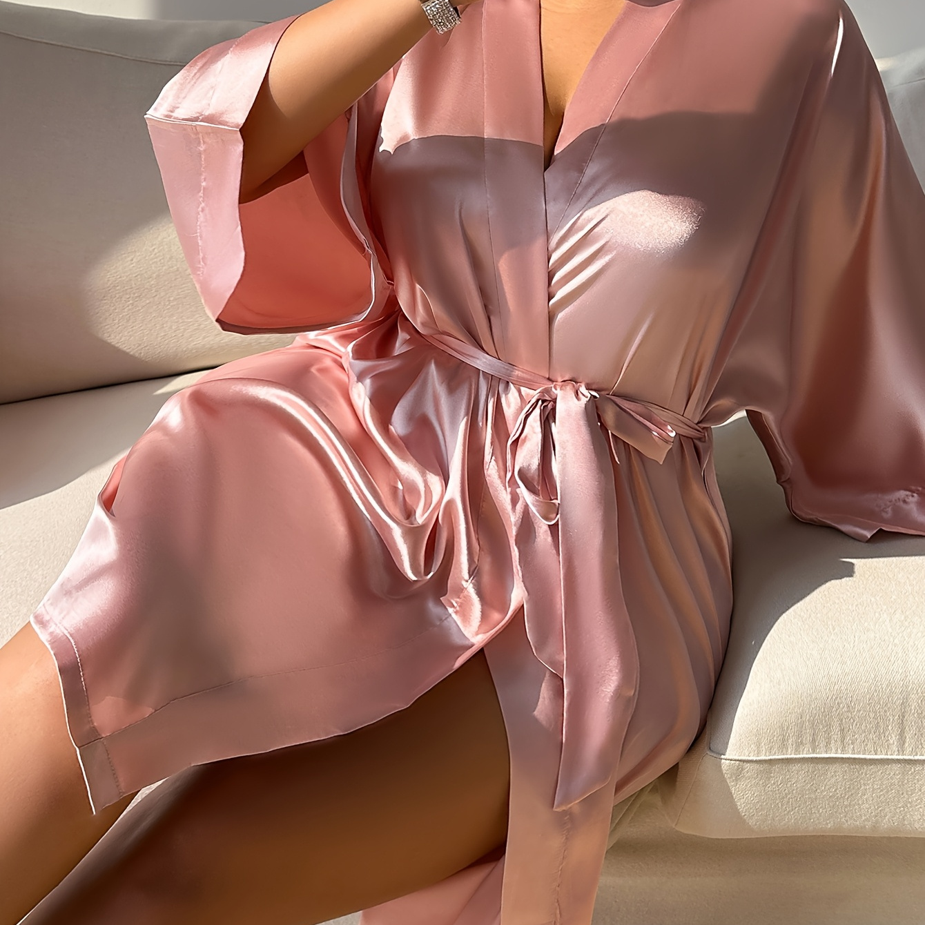 

Plus Size Pink Satin Robe For Women - Elegant V-neck, Long Sleeve, Belted Waist, Smooth Fabric, , Home Or Valentine's Day