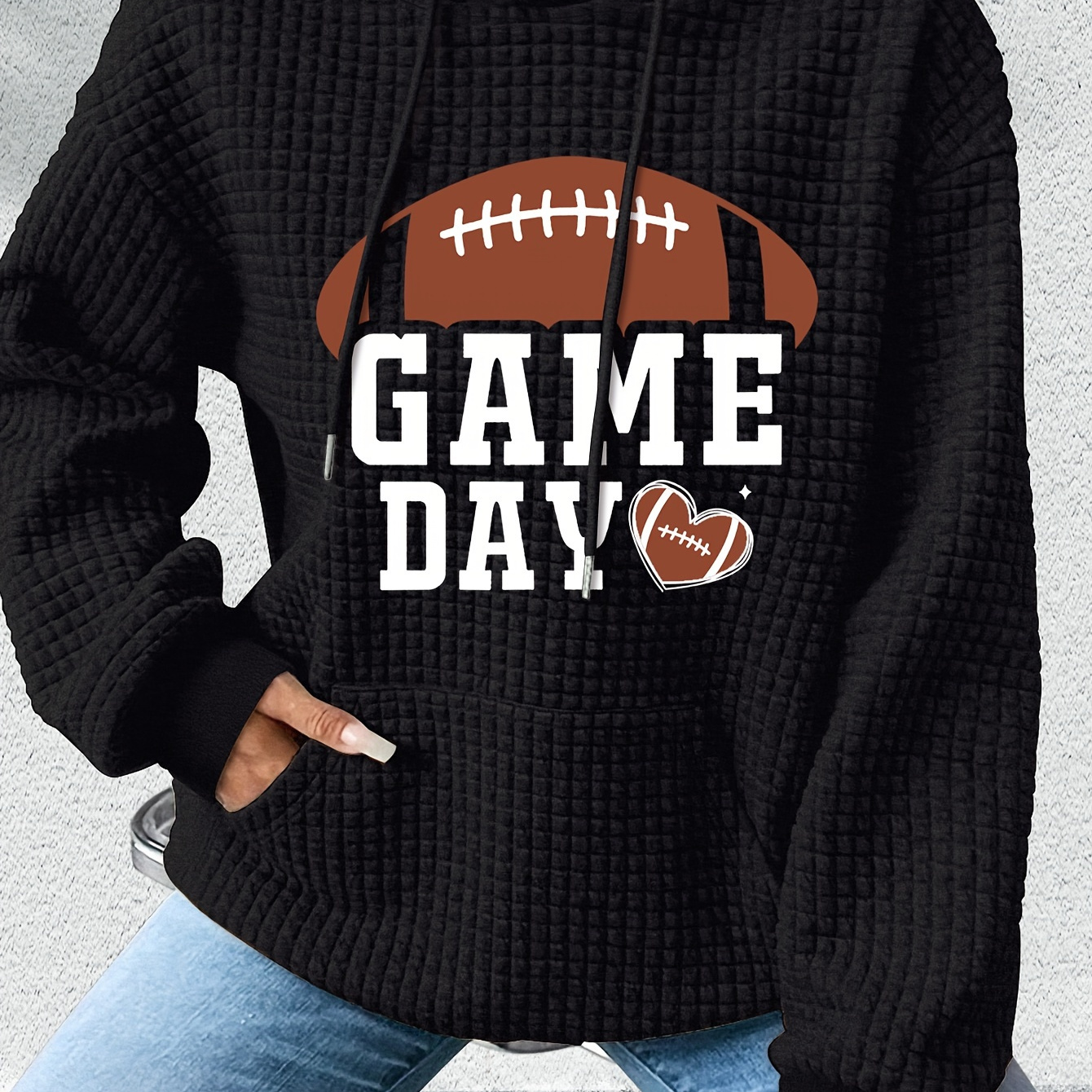 

Women's Casual Football Applique Knit Fabric Hoodie With Polyester And Spandex , Loose-fitting Long Sleeve Hooded Pullover For Fall/winter