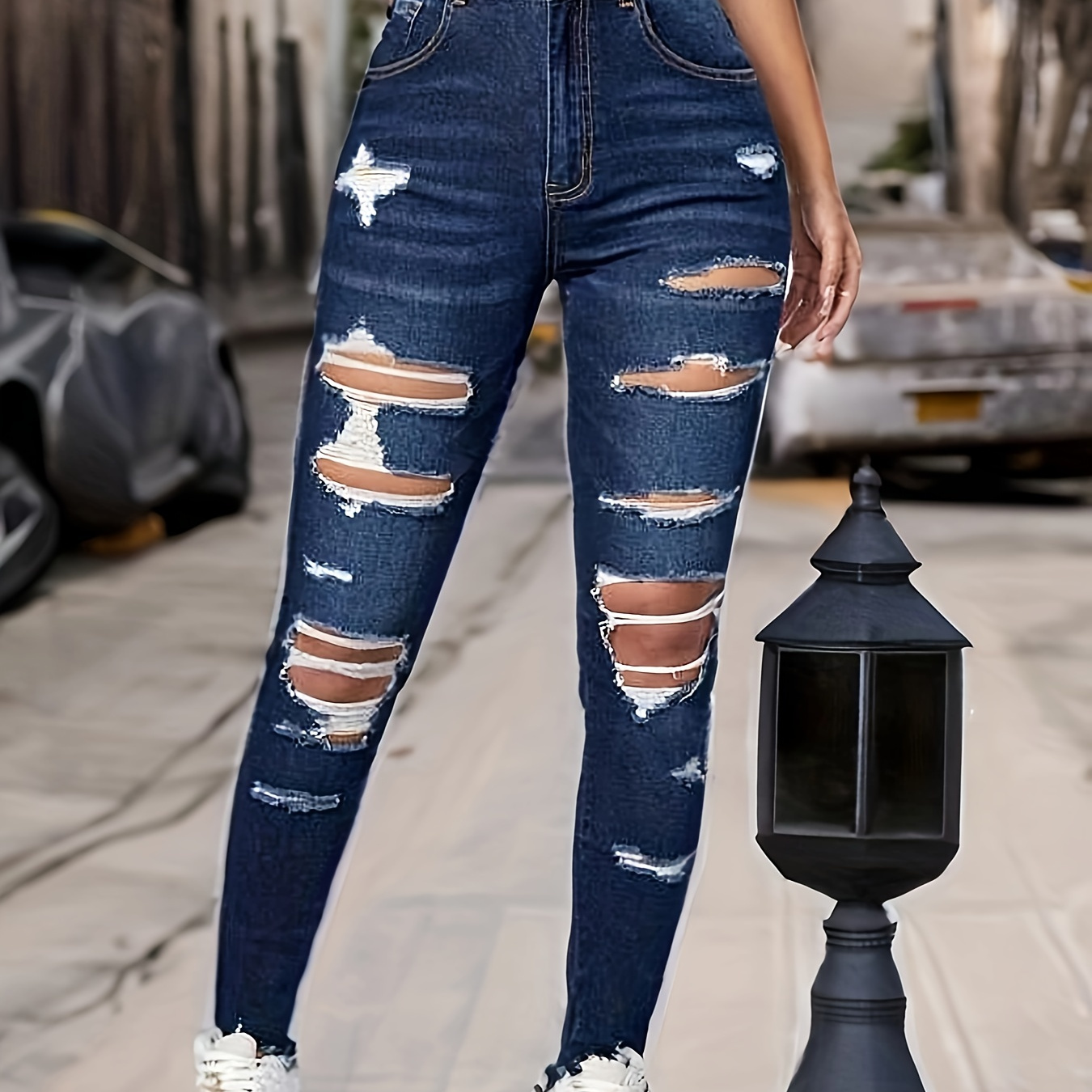 Blue Ripped Holes Skinny Jeans, Slim Fit High Stretch Distressed Tight  Jeans, Women's Denim Jeans & Clothing