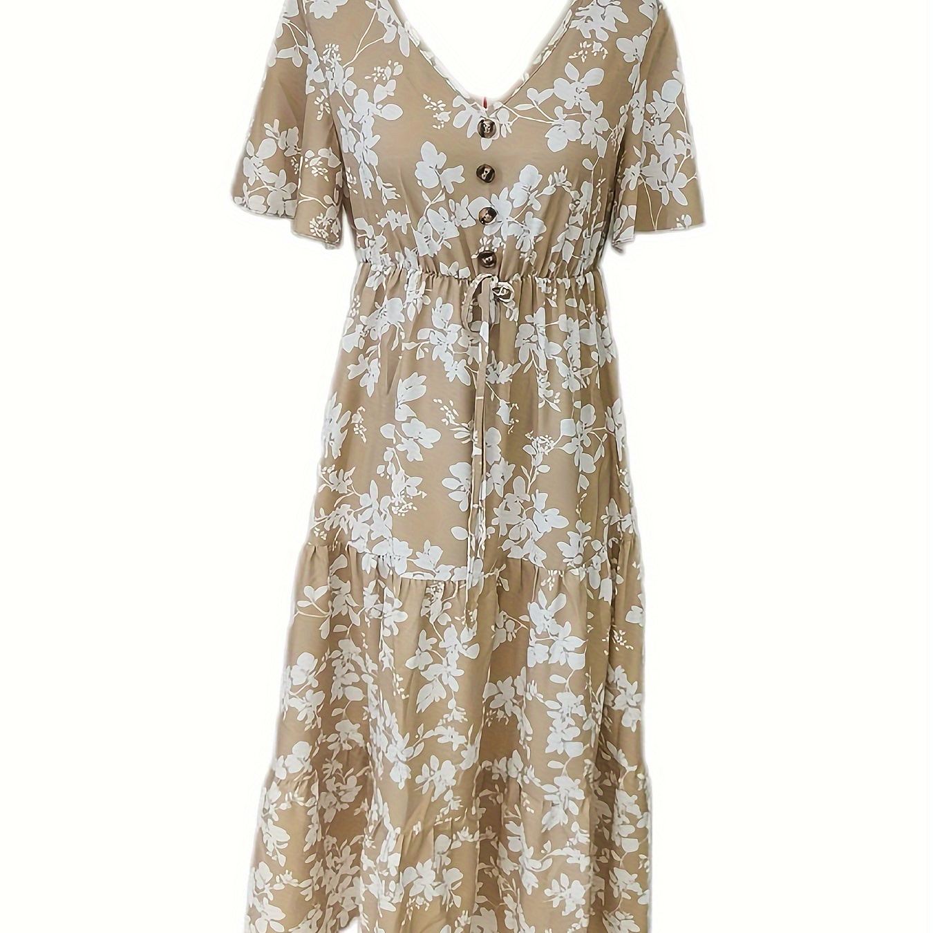 

Floral Print V-neck Dress, Elegant Short Sleeve Cinched Waist A-line Dress For Spring & Summer, Women's Clothing