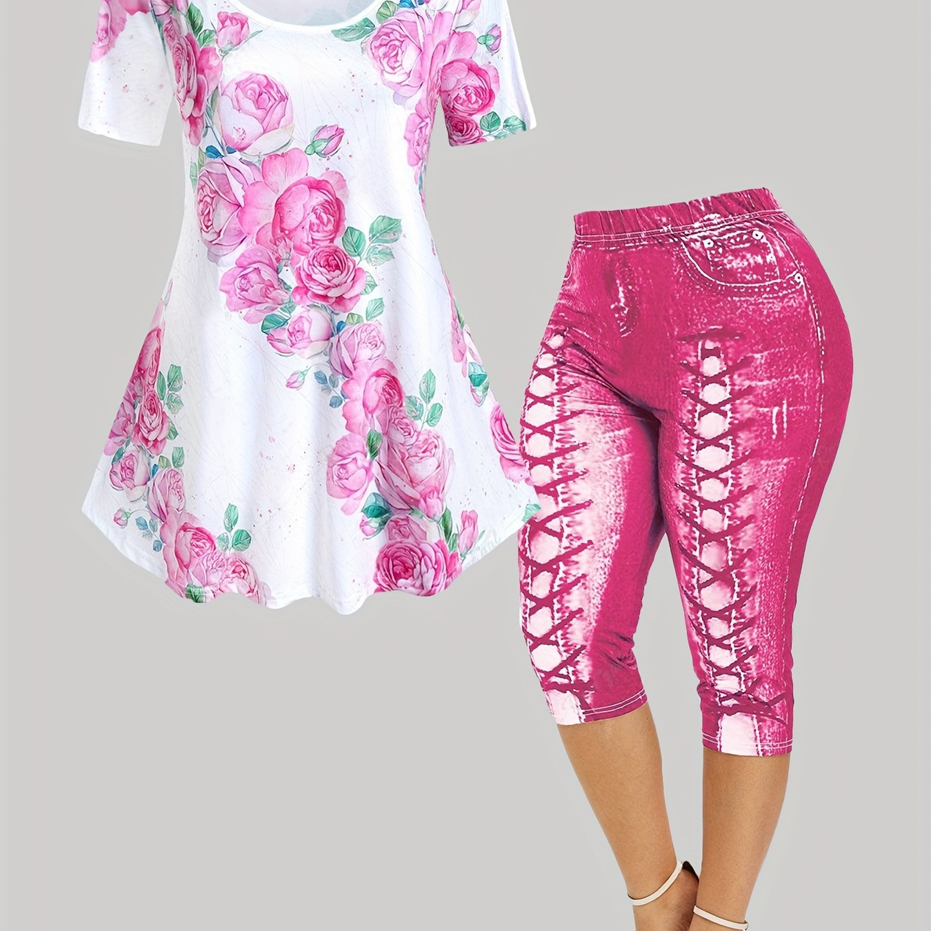 

Casual Two-piece Set, Floral Print Short Sleeve Top & Elastic Waist Pants Outfits, Women's Clothing