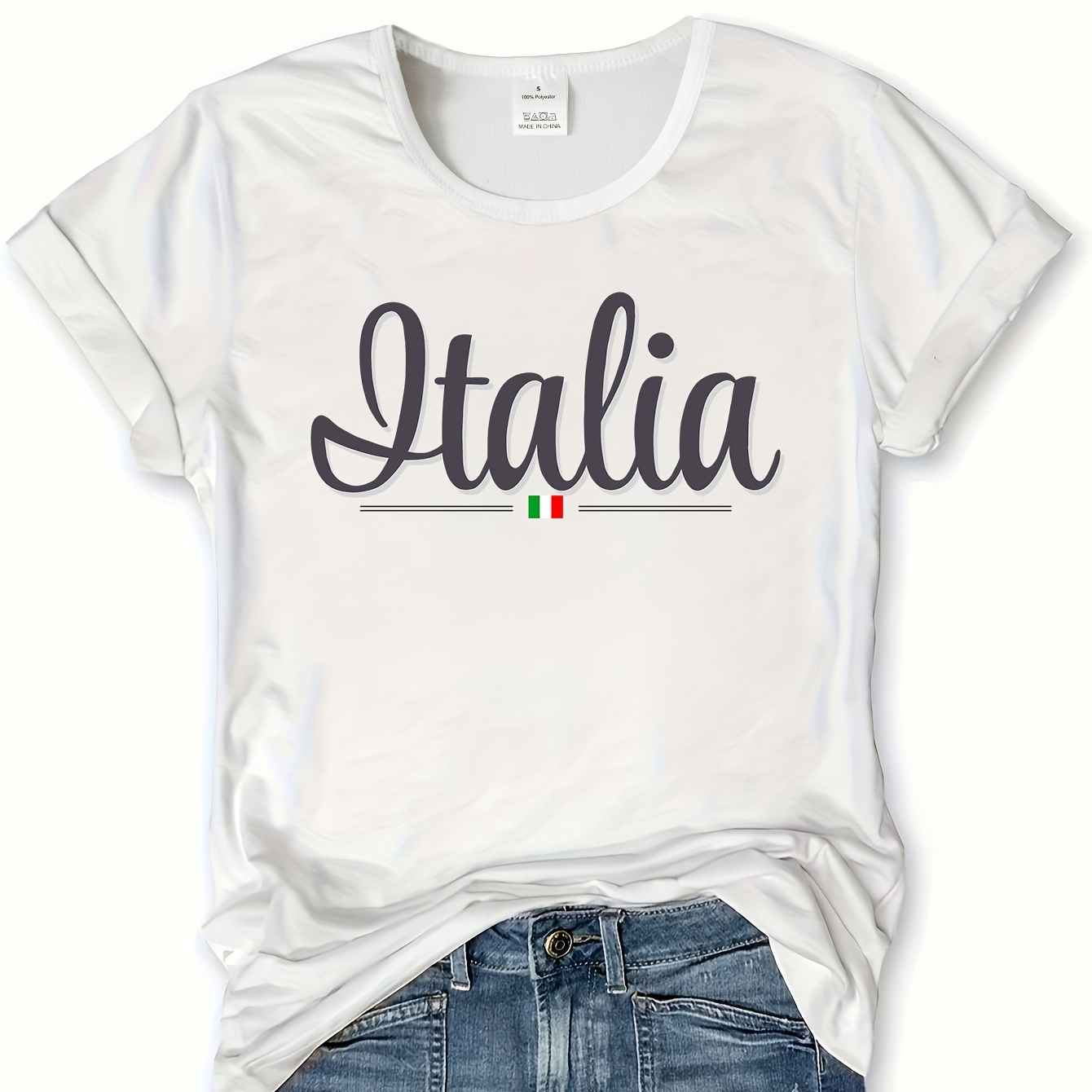 

Italia Letter Print T-shirt, Short Sleeve Crew Neck Casual Top For Summer & Spring, Women's Clothing