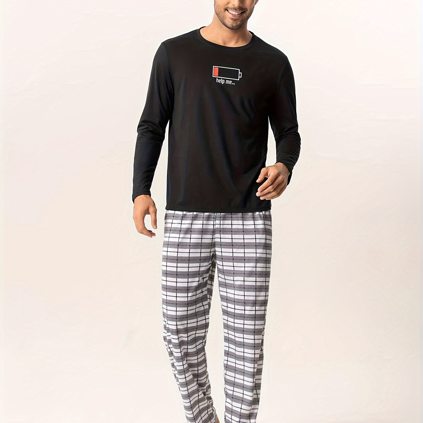 

Men's Battery Print Black Long Sleeve Top And Pants Pajama Set, Polyester, Machine Washable, Pajama Pants For Couples