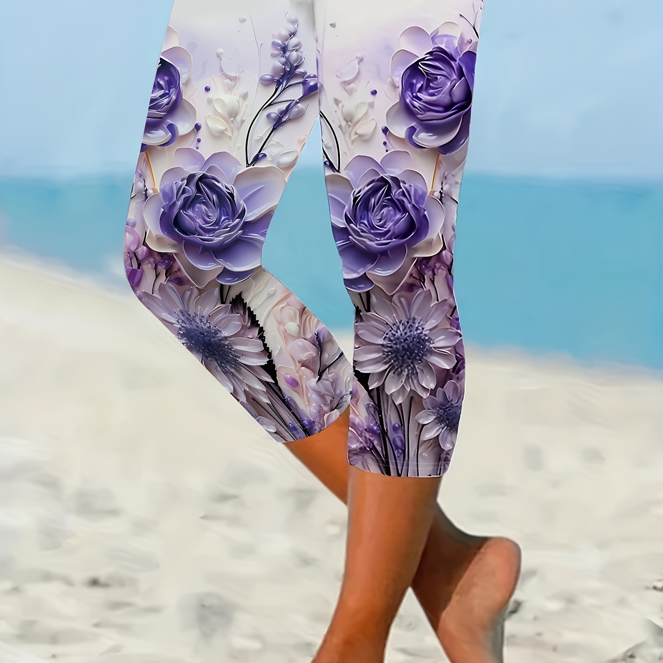 

Floral Print Skinny Capri Leggings, Casual Elastic Waist Leggings For Spring & Summer, Women's Clothing