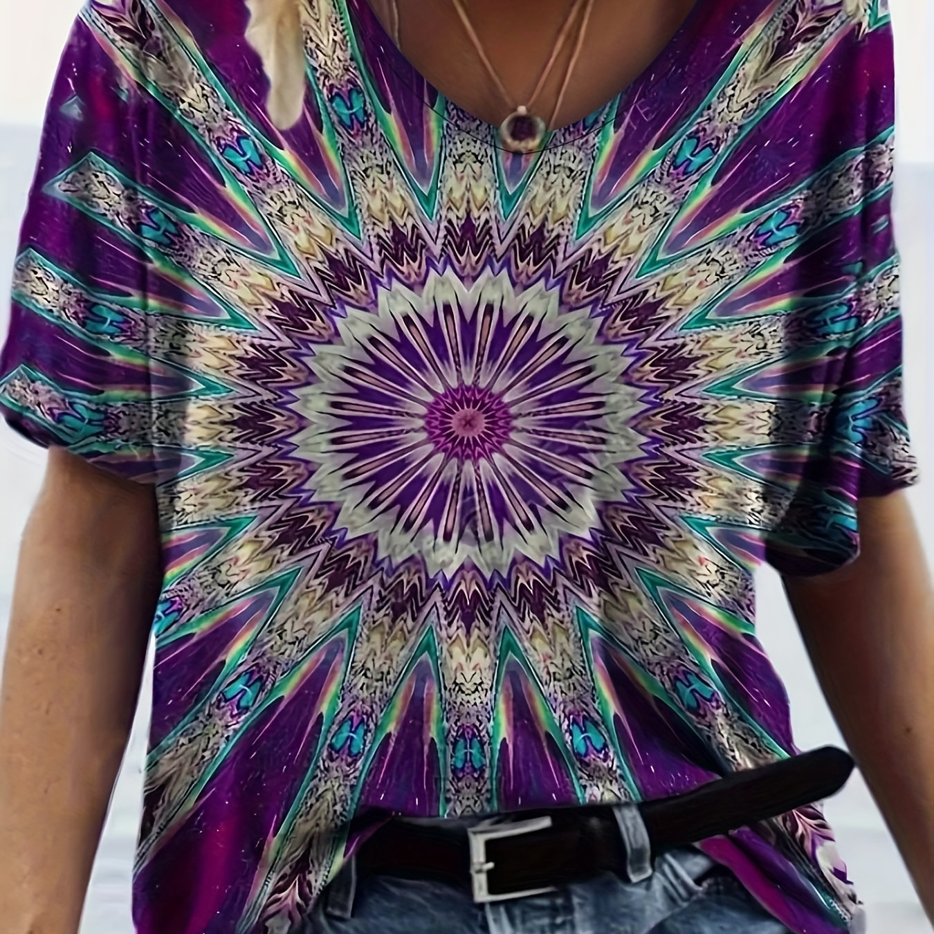 

Floral Print V Neck T-shirt, Street Wear Short Sleeve Summer T-shirt, Women's Clothing
