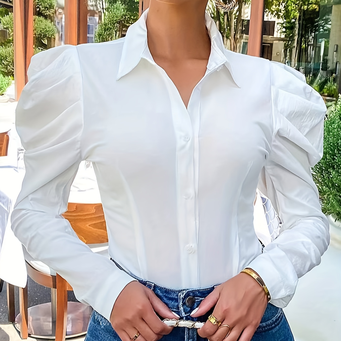 

Solid Puff Sleeve Slim Shirt, Versatile Single Button Shirt For Spring & Fall, Women's Clothing
