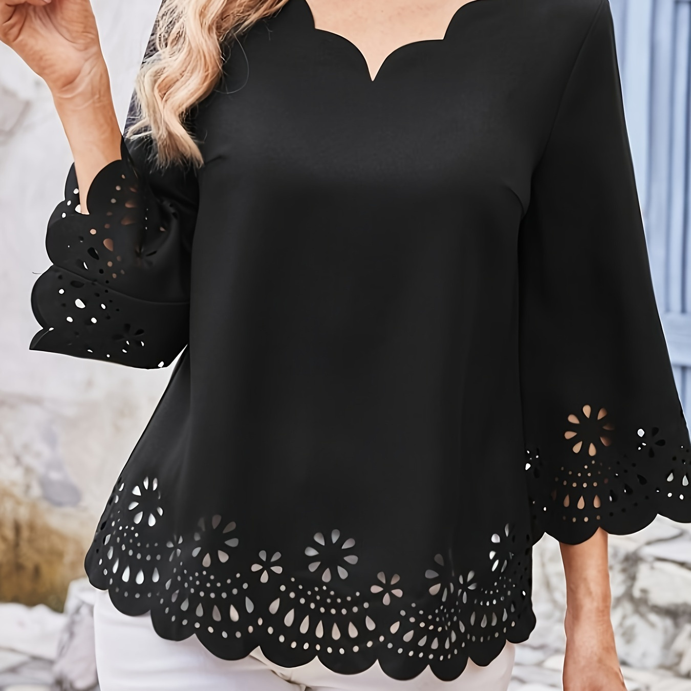 

Solid Color Eyelet V Neck Blouse, Casual Scallop Trim 3/4 Sleeve Top For Spring & Fall, Women's Clothing