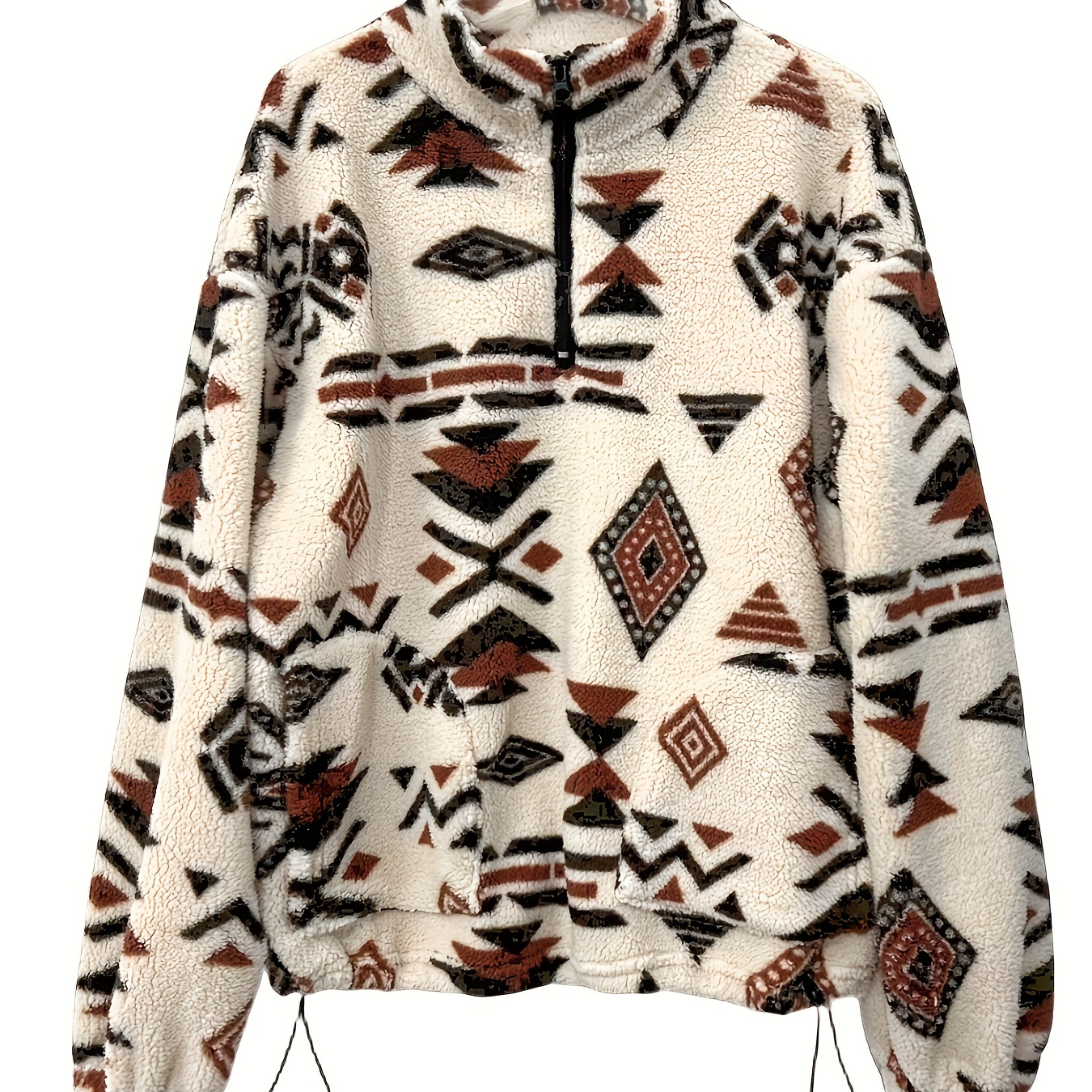 

Aztec Pattern Half Zipper Teddy Sweatshirt, Casual Long Sleeve Drawstring Dual Pockets Warm Sweatshirt For Fall & Winter, Women's Clothing