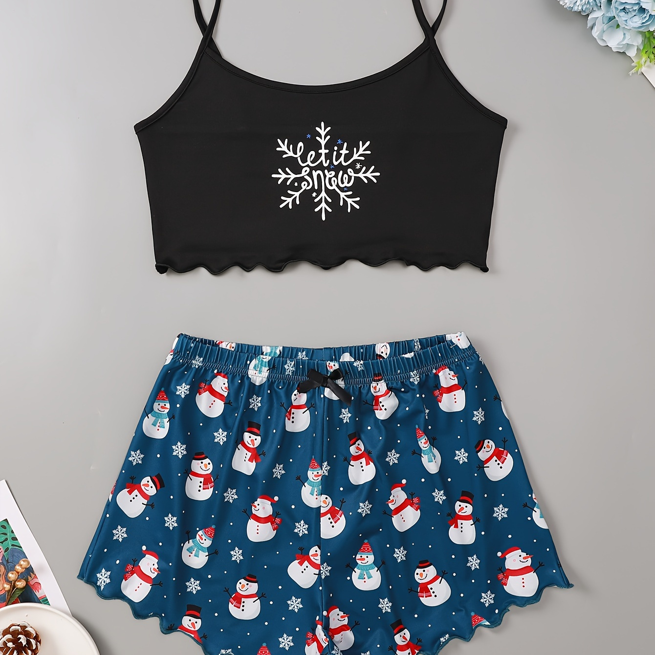 

Women's Cute Cartoon Snowman & Print Trim Pajama Set, Round Neck Backless Crop Cami Top & Shorts, Comfortable Relaxed Fit For Christmas