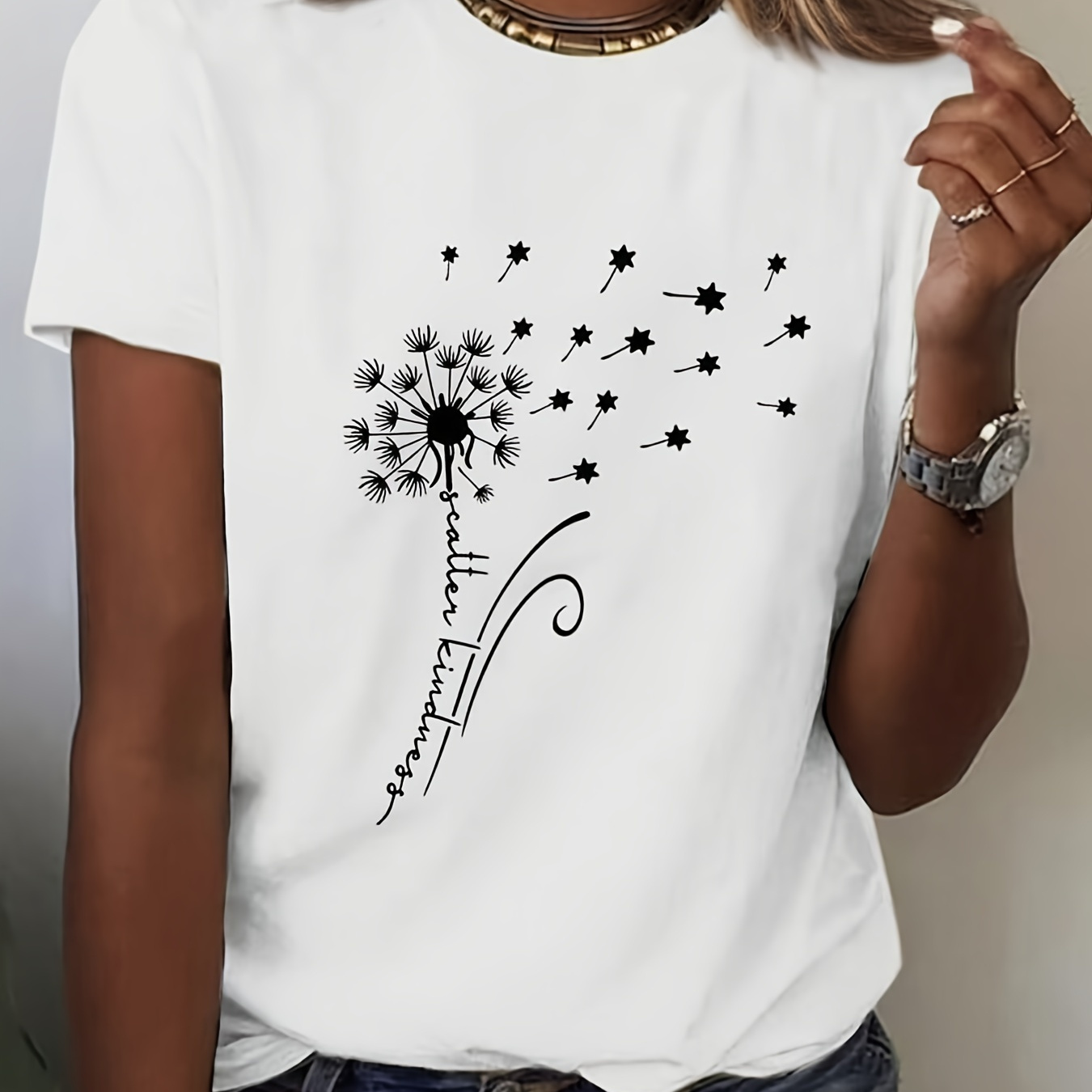 

Dandelion Art Print Fashion T-shirt For Women - Casual Summer Short Sleeve Top, Breathable Polyester , Machine Washable