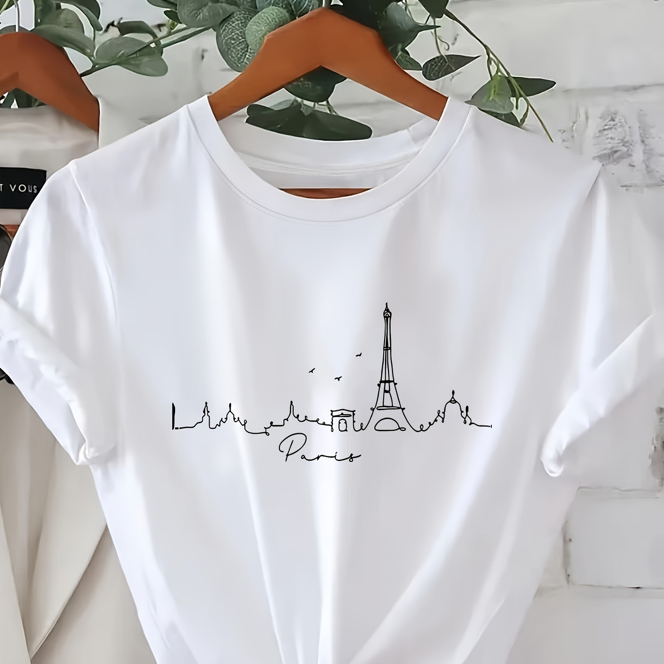 

T-shirt décontracté à col rond pour femme avec géométrique de Eiffel à Paris, haut en à manches courtes, 100% polyester, toutes - Blanc