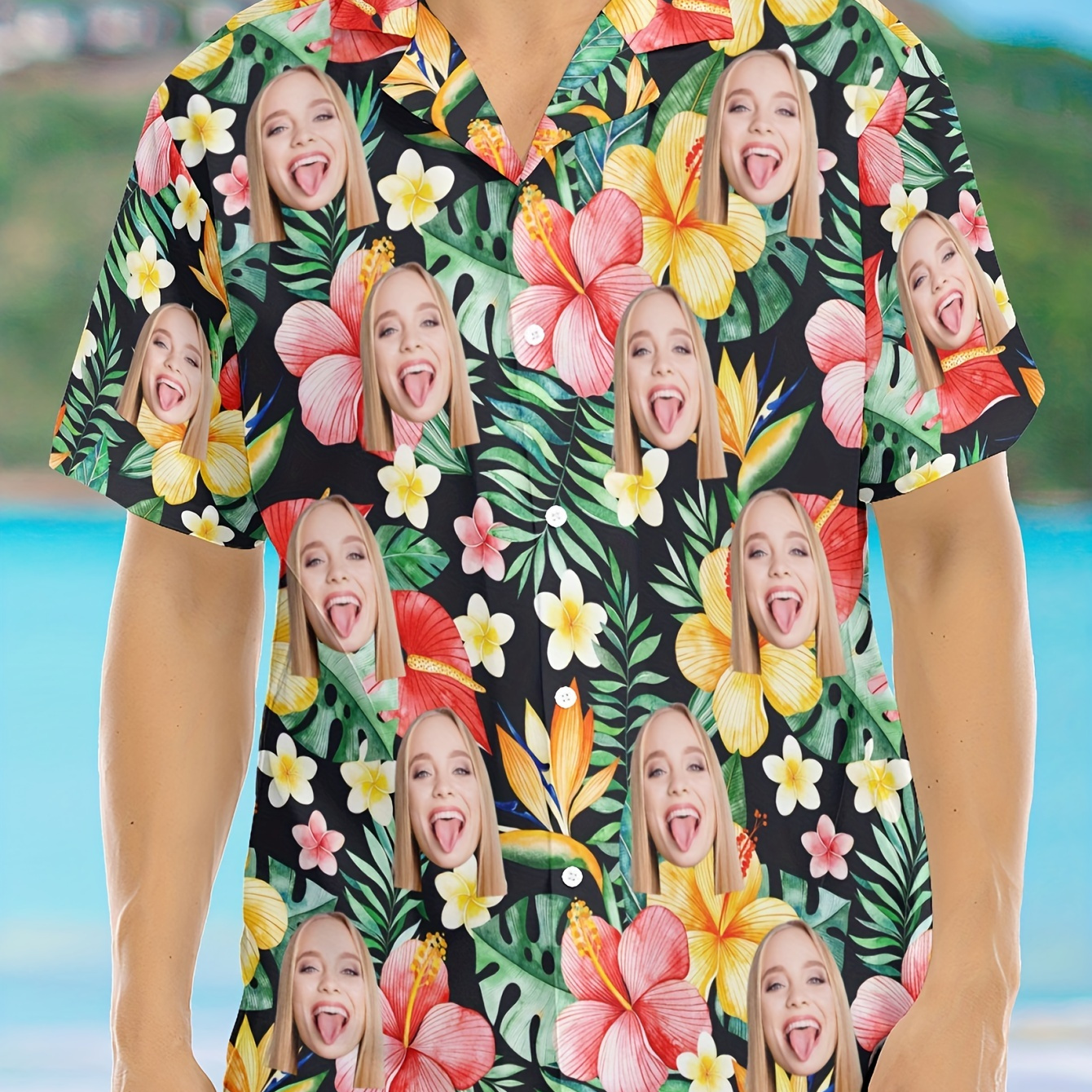

Plus Size Men's Personalized Custom Shirt, Head Picture & Tropical Trees & Flowers Graphic Print Short Sleeve Shirt, Hawaiian Style Shirt