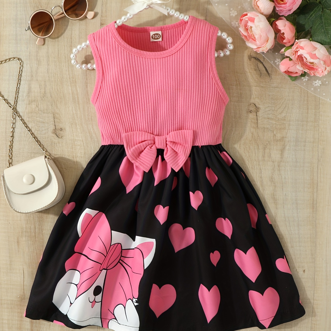 

Girls Cute Dress Solid Color Sleeveless Pit Stripe Top Stitching Allover Love Hearts Print Hem Bow Waist Lovely Dress